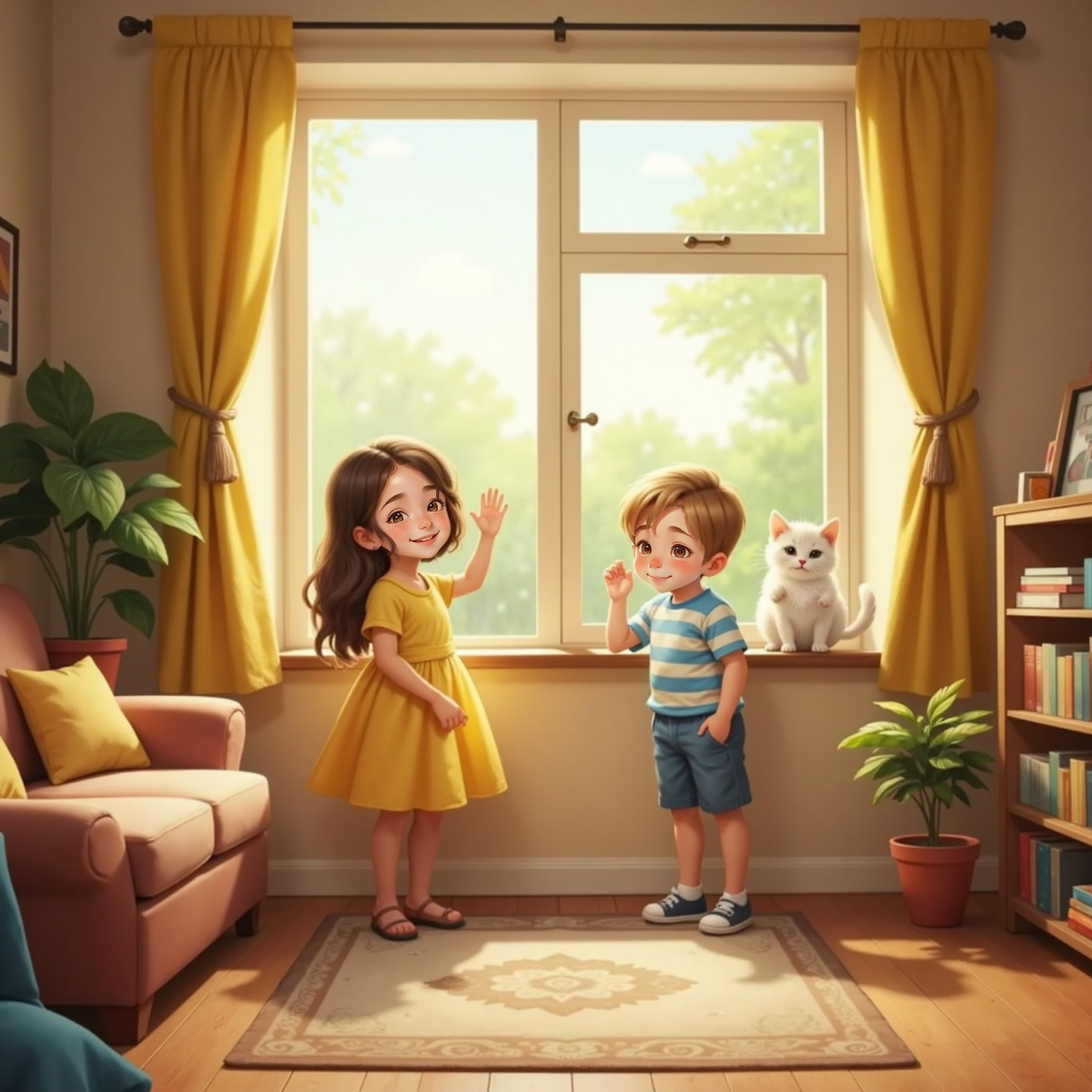 Inside the sun-washed living room, Ana waves at a white kitten perched on the windowsill; Dinu stands beside her chuckling, as the cat sits purring in the warm light. Sunbeams paint dust motes golden.