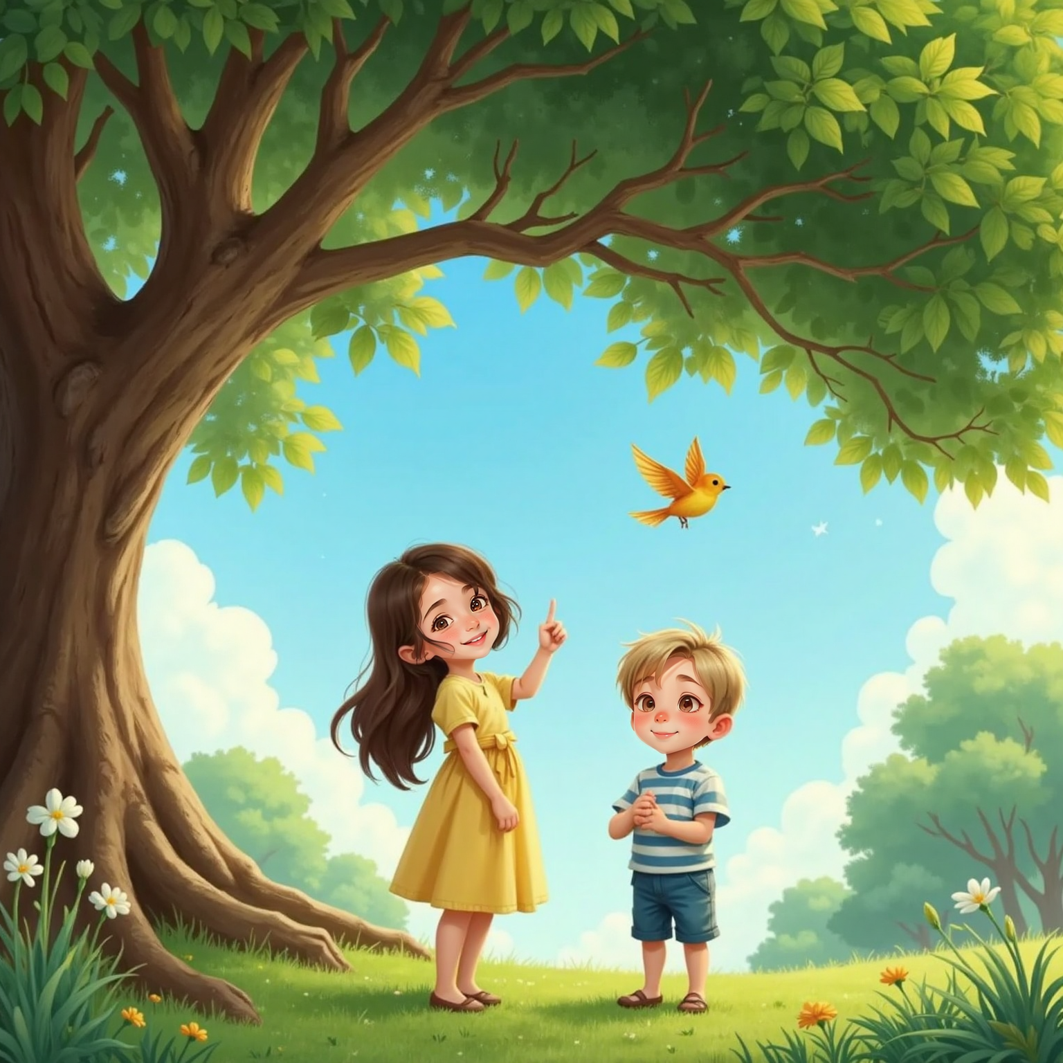 Under a leafy garden tree at midday, Dinu gazes upward, fascinated, while Ana points to two small birds flitting between branches against a clear blue sky. Soft noon sunlight filters through the leaves.