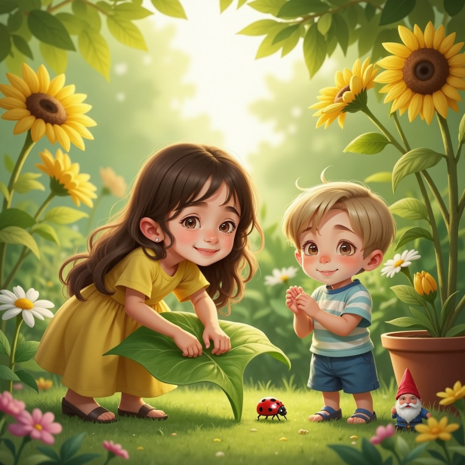 In the bright afternoon garden, Ana leans over a green leaf as a red ladybug spreads shimmering wings; Dinu applauds beside her, eyes wide with admiration. Golden rays sparkle on its dotted shell.
