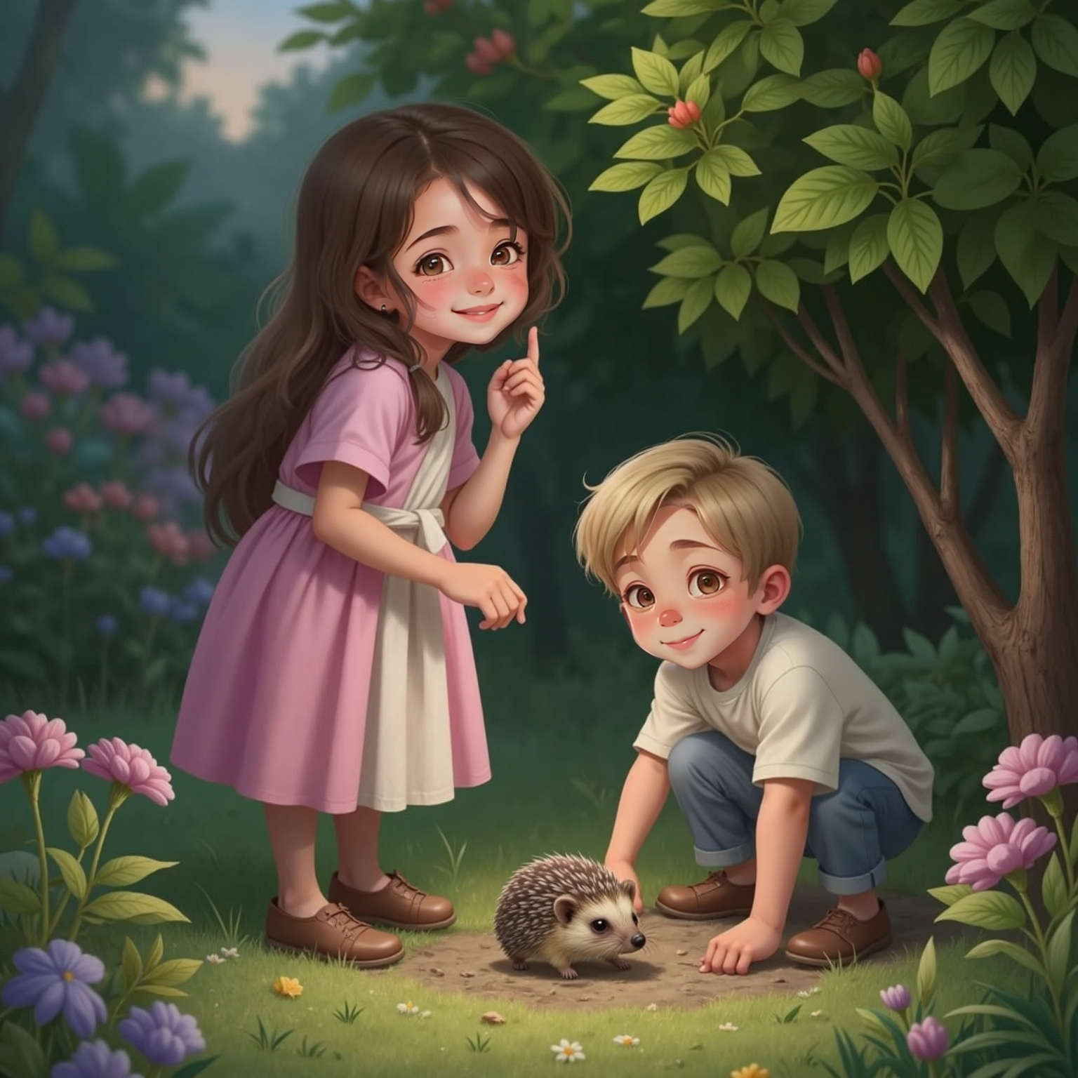 Beside a dense garden shrub in gentle evening light, Dinu crouches motionless while a timid hedgehog sniffs the soil; Ana stands close, finger to lips, whispering calm encouragement. Soft twilight colors the scene lavender.