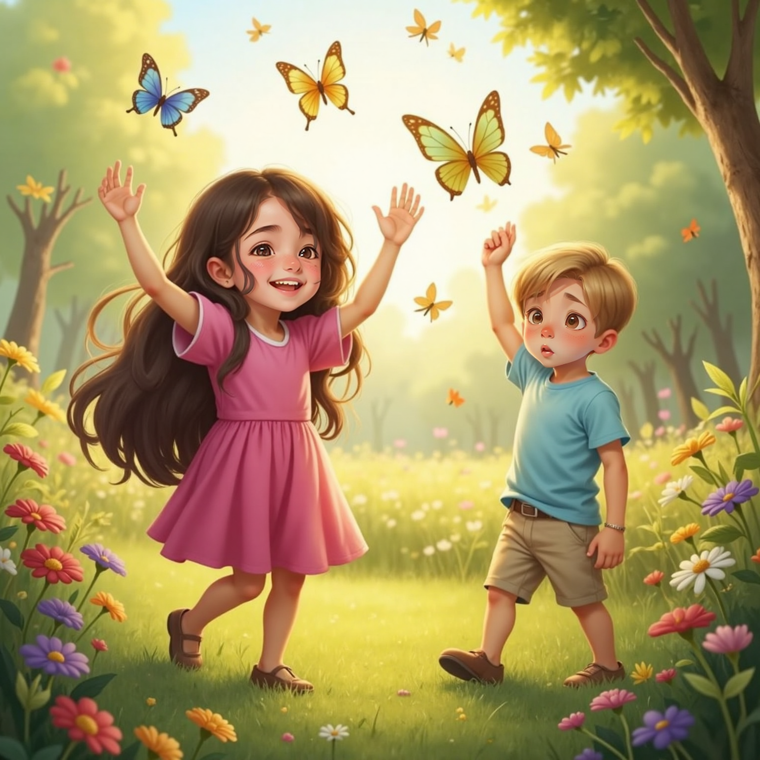 In the sunlit flower meadow, Ana laughs with arms raised as vibrant butterflies swirl overhead, while Dinu stretches upward mid-stride, amazed by the colorful fluttering cloud. Sunlight catches iridescent wings mid-air.