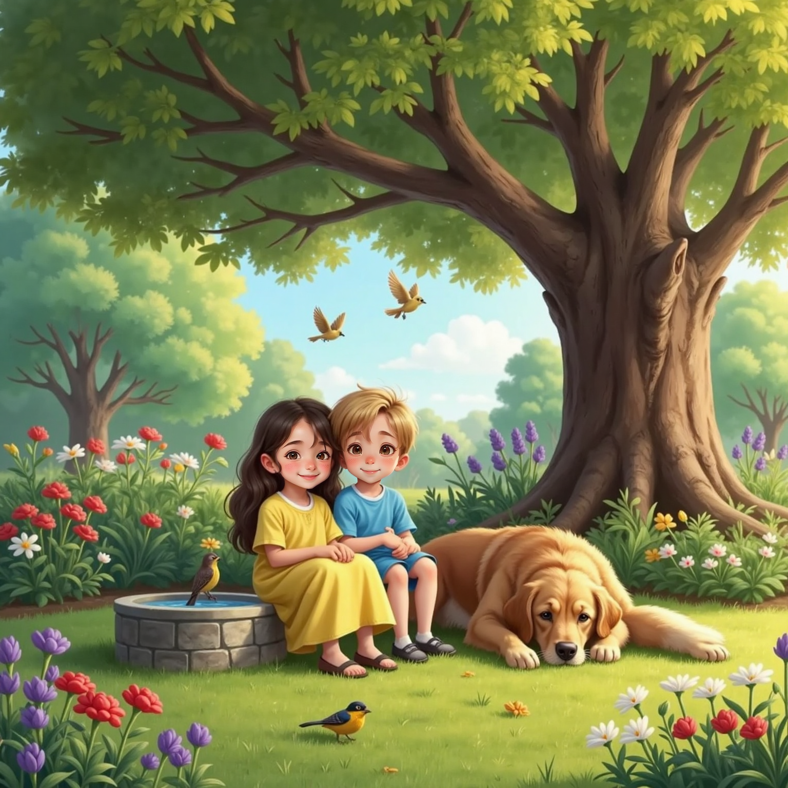 Beneath a broad shade tree on a quiet afternoon, Dinu and Ana sit side by side smiling at the surrounding garden where birds flutter and the fluffy dog rests nearby. Dappled late-afternoon light flickers through the branches.