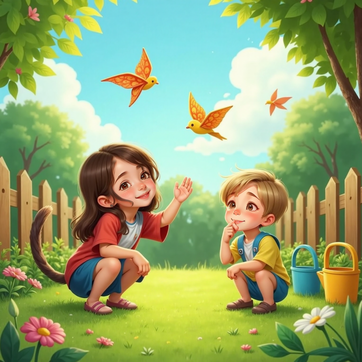 On the leafy garden floor in bright daylight, Ana crawls playfully like a cat while tossing freshly folded paper birds skyward; nearby, Dinu mimics a cheerful puppy on hands and knees. Crisp sunlight glints off the soaring paper birds.