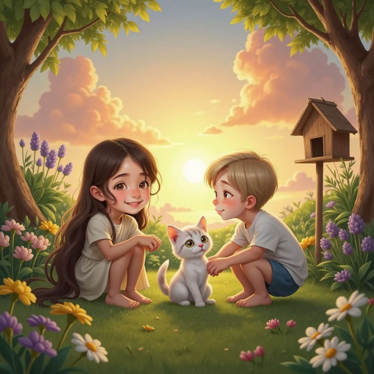 At sunset, warm orange light bathes the quiet garden as Dinu and Ana sit on the grass; the purring white kitten curls at their feet, flowers glowing softly around them. Fading light paints the clouds pink and gold.