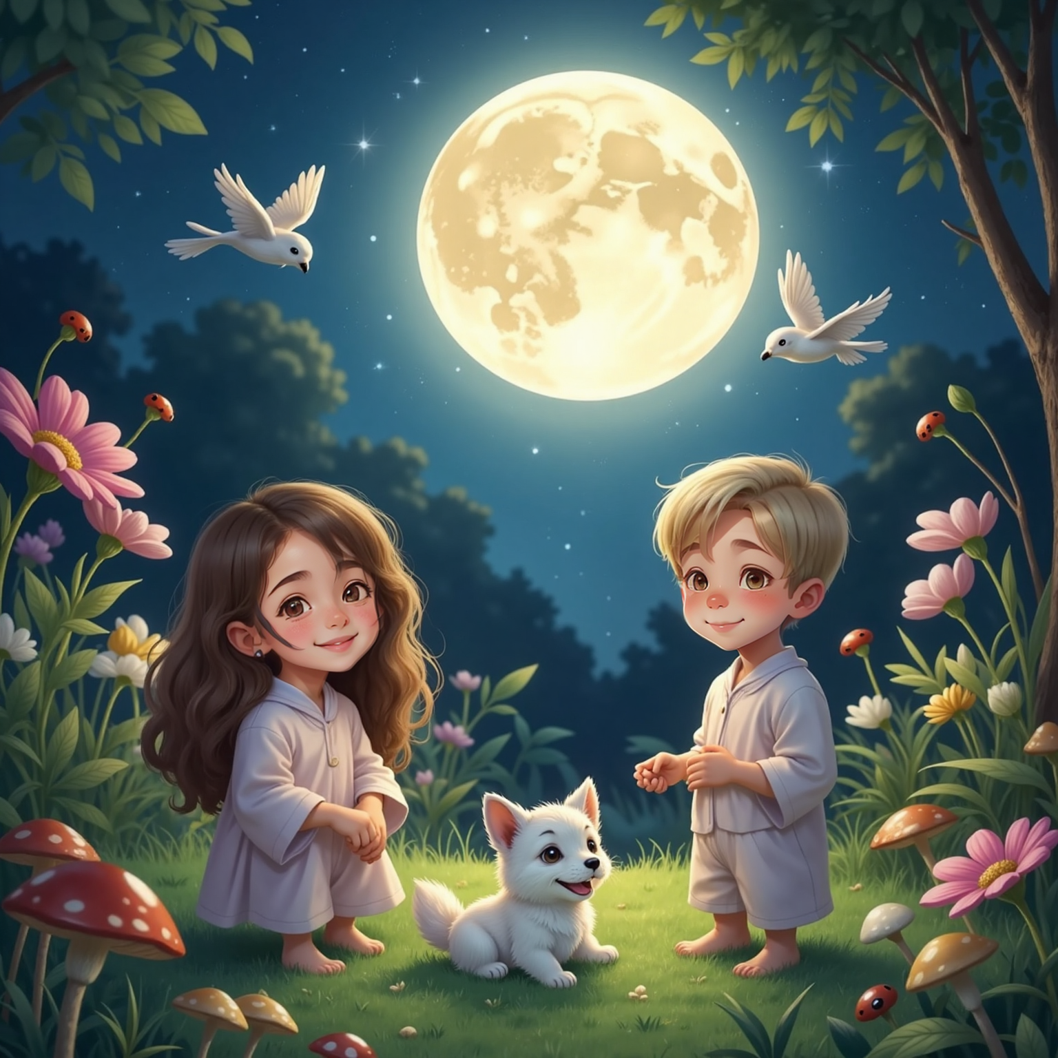 Within a moonlit garden dream, Dinu stands smiling beside Ana while the fluffy dog sits before them, mouth open as if telling jokes; silhouetted birds and ladybugs twirl beneath the glowing full moon. Silver moonlight shimmers on the grass.