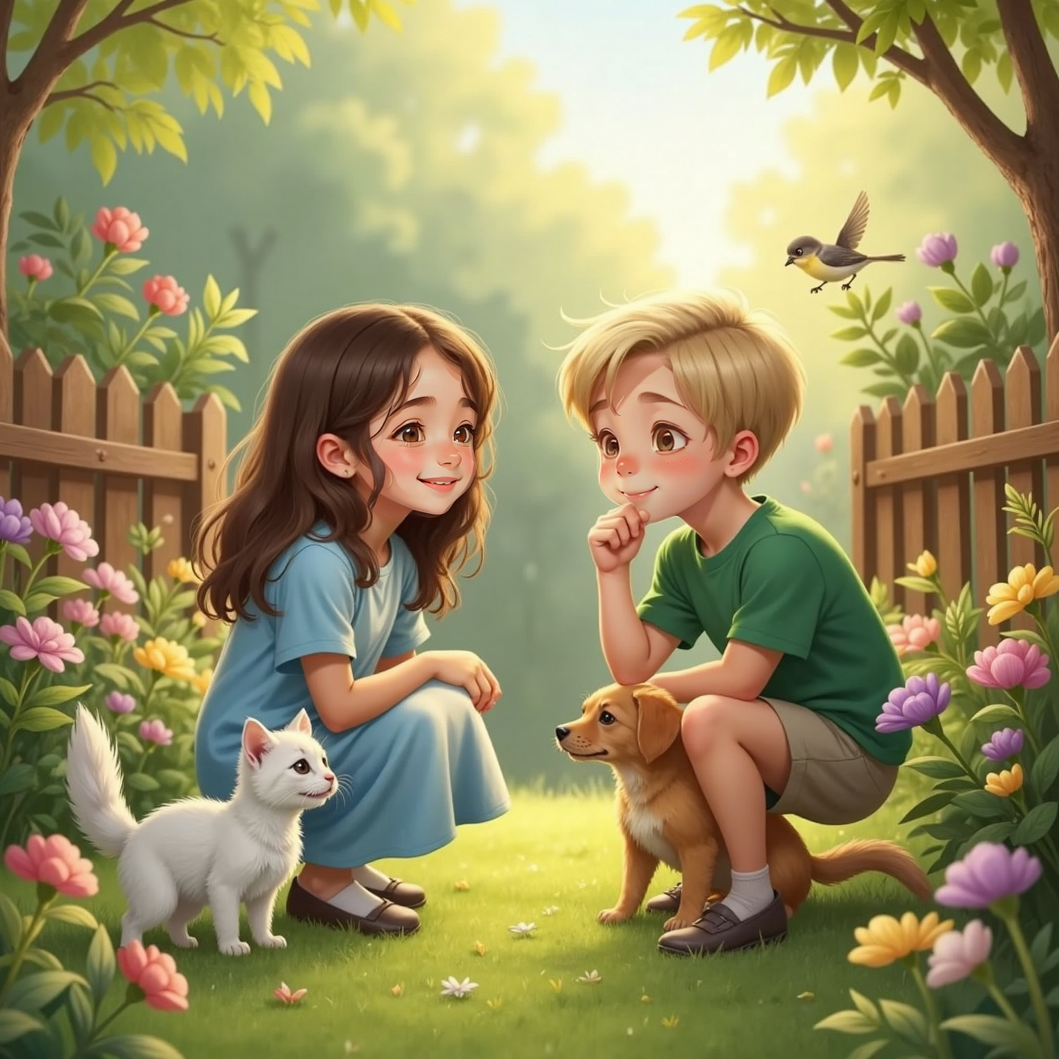 In the fresh morning garden light, Ana gently strokes the white kitten while Dinu pats the loyal dog; nearby, dewy flowers and singing birds complete the lively dawn scene. Soft morning mist rises beyond the fence.