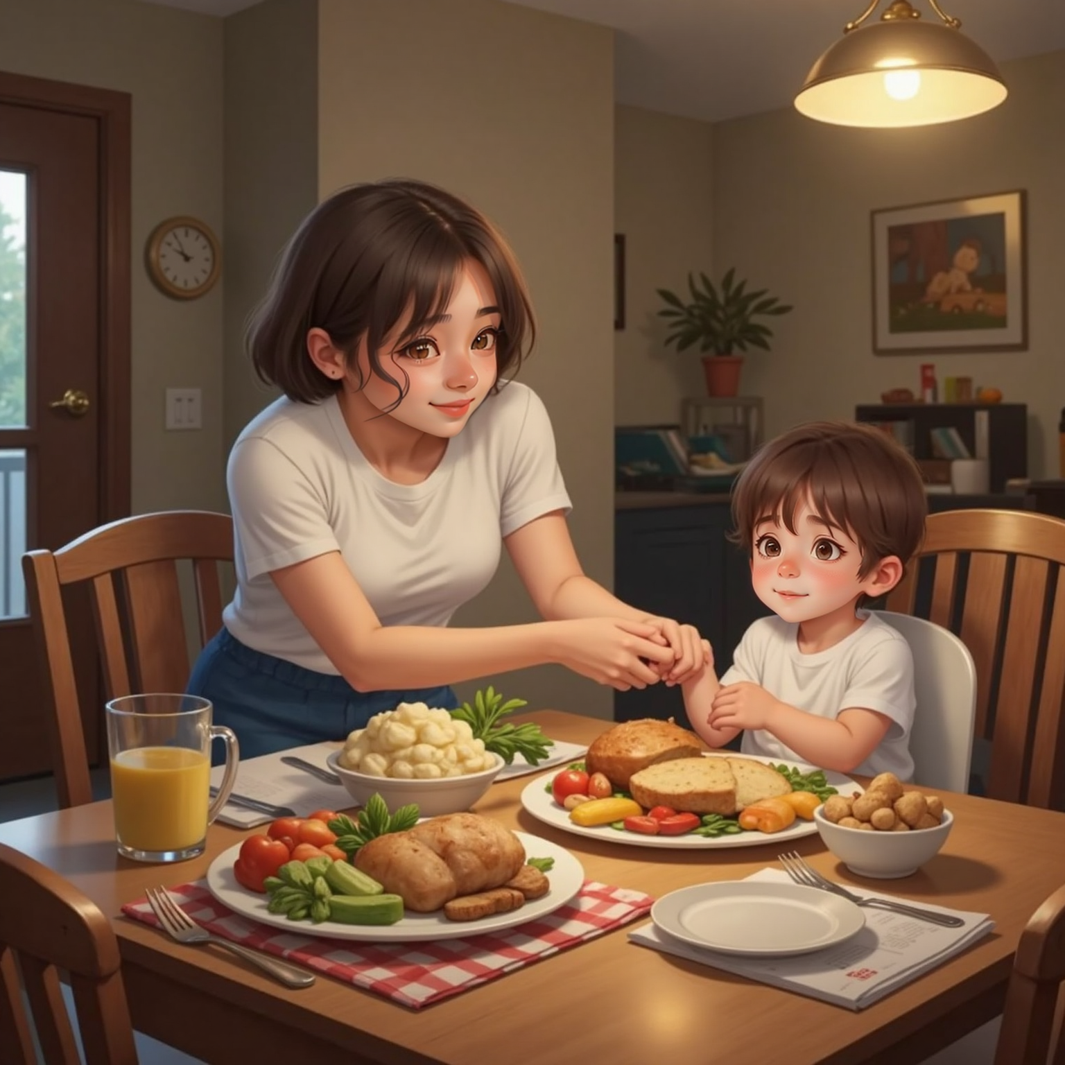 Indoor dining room, early evening lamplight. Mom gently holds Peter’s reaching hand beside a family dinner spread; Peter sits in his high chair, eyes wide at the food but hands now resting reluctantly on his lap.