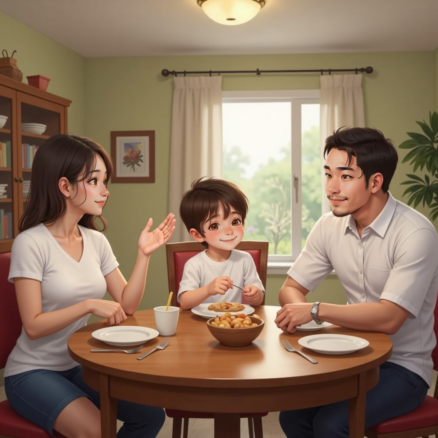 Same dining room under warm ceiling light. Dad has just sat, while Mom gestures approvingly; Peter beams, carefully spooning food onto his small plate, elbows off the table, pride sparkling in his eyes.