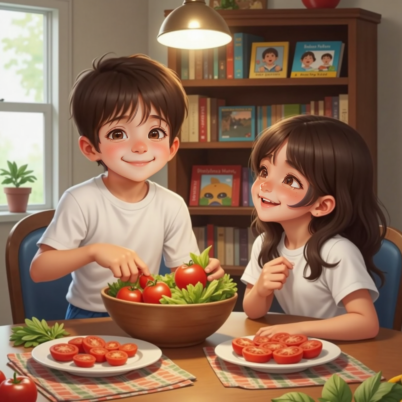 Indoor dining room, evening. Peter piles bright red tomato slices onto his plate, mouth excited; Sister leans forward giggling beside the shared salad bowl, a few remaining greens visible under warm pendant light.