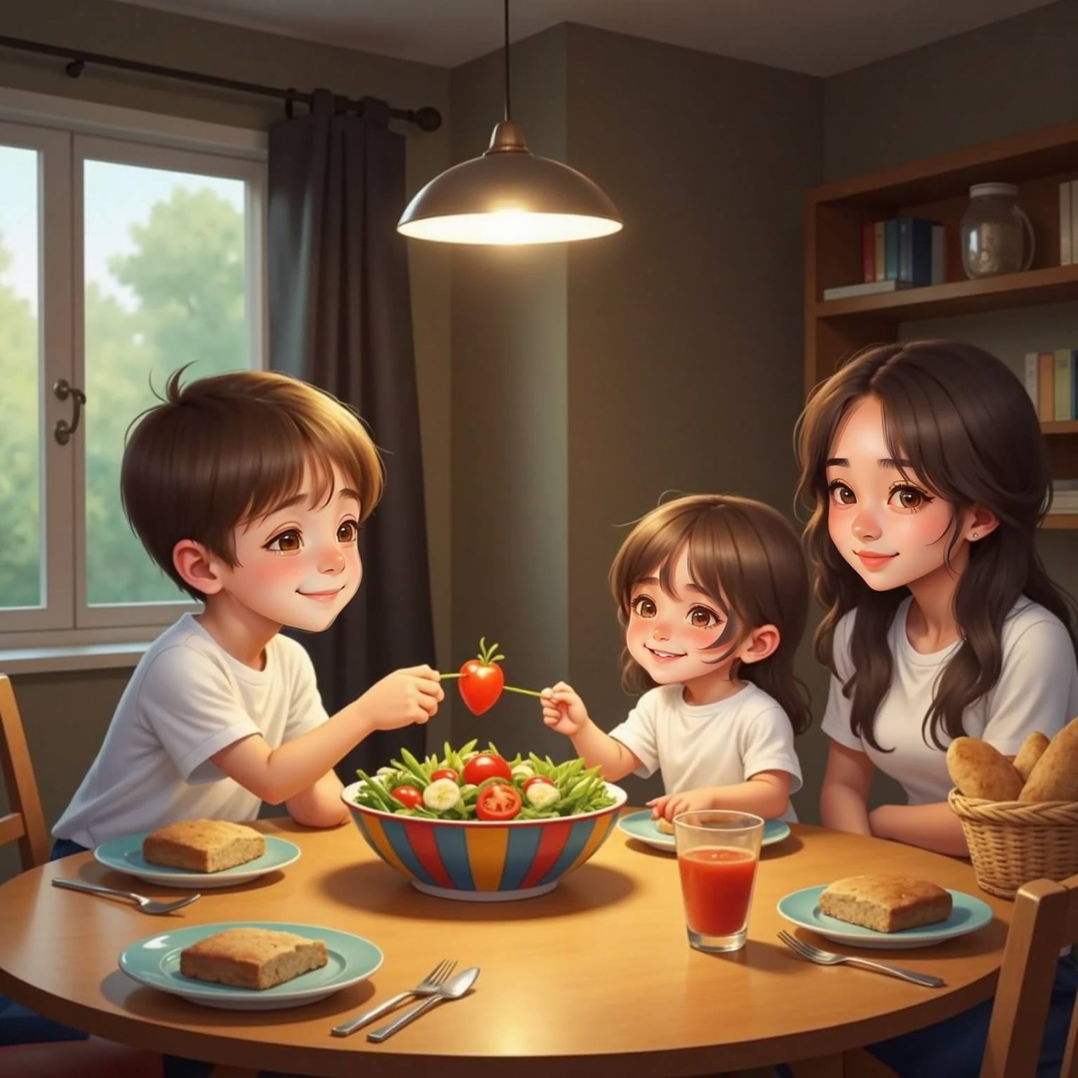 Dining table under cozy yellow light. Peter slides the salad bowl toward Sister, offering tomato pieces with a proud smile; Mom watches from across the table, softly pleased.