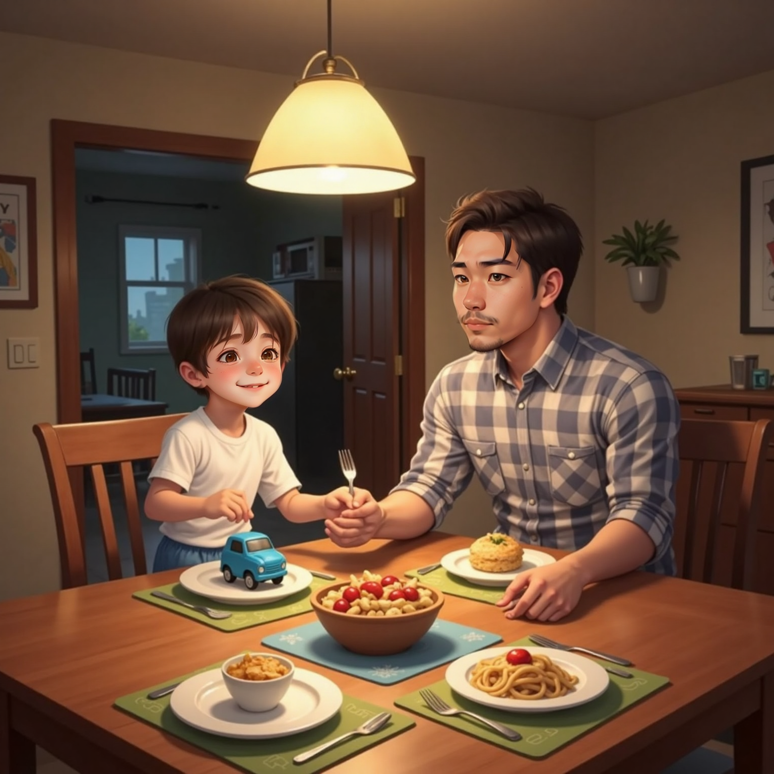 Evening dining room. Peter races a blue toy car around his plate, fork rattling from the bumps; Dad beside him lifts a calming hand, expression gentle yet firm, steam rising from untouched food.
