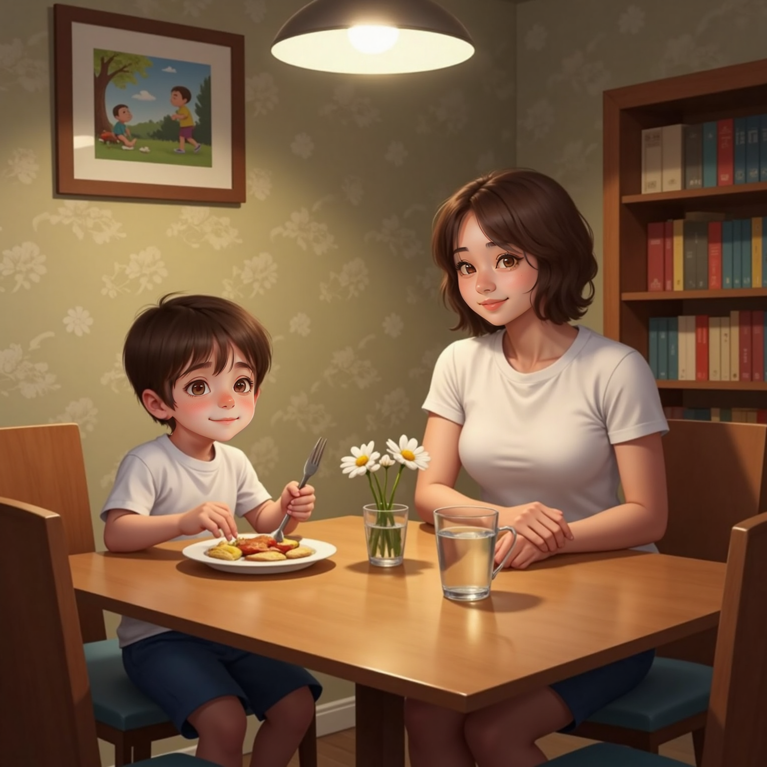 Indoor dining room, same warm glow. Peter holds fork and spoon properly, taking small bites from a neatly arranged plate; Mom across the table smiles proudly, elbows resting beside her glass.