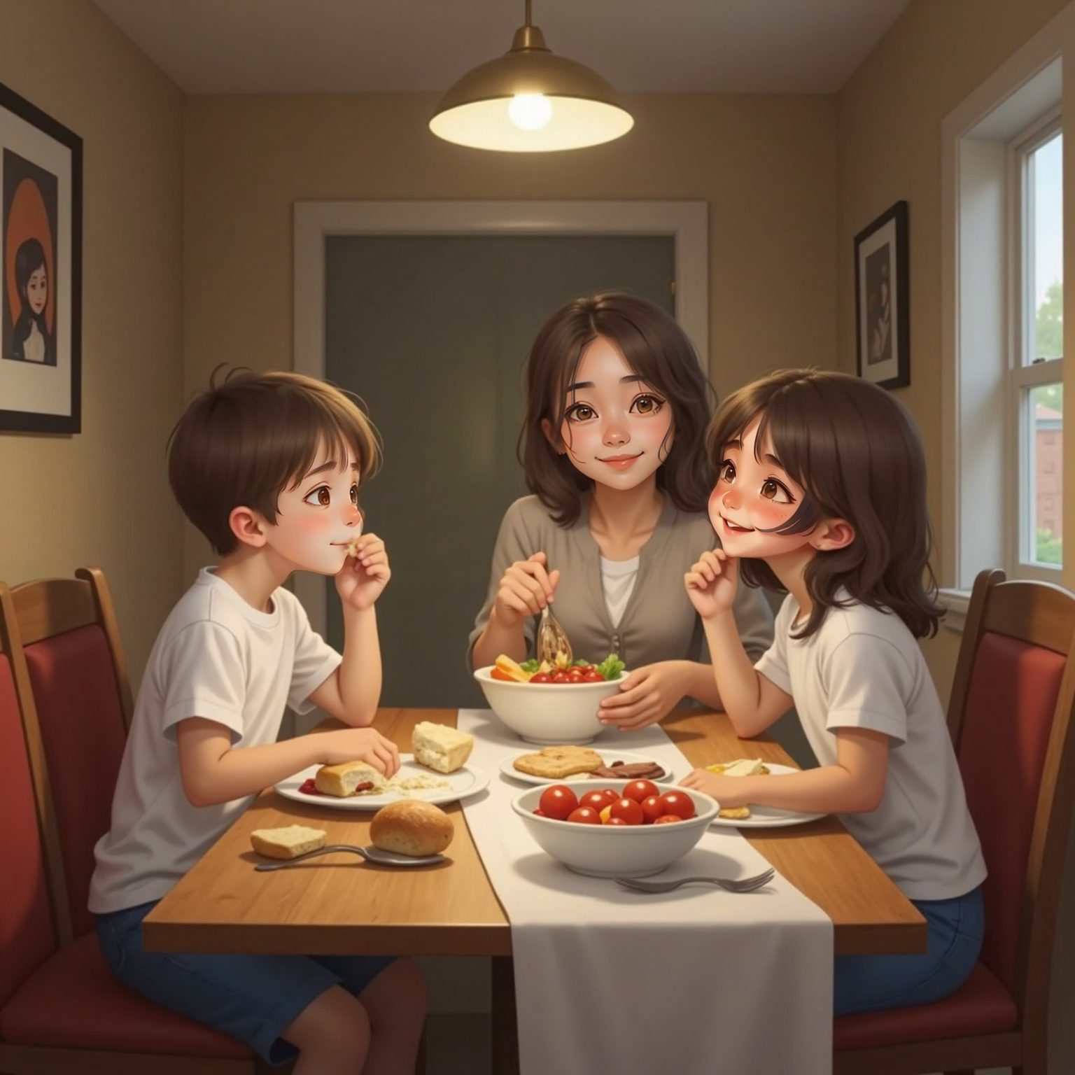 Dining room under soft evening lamp. Peter chews with mouth wide open, crumbs visible; Sister covers her giggling mouth, while Mom leans forward gently reminding him, an uneaten roll in her hand.
