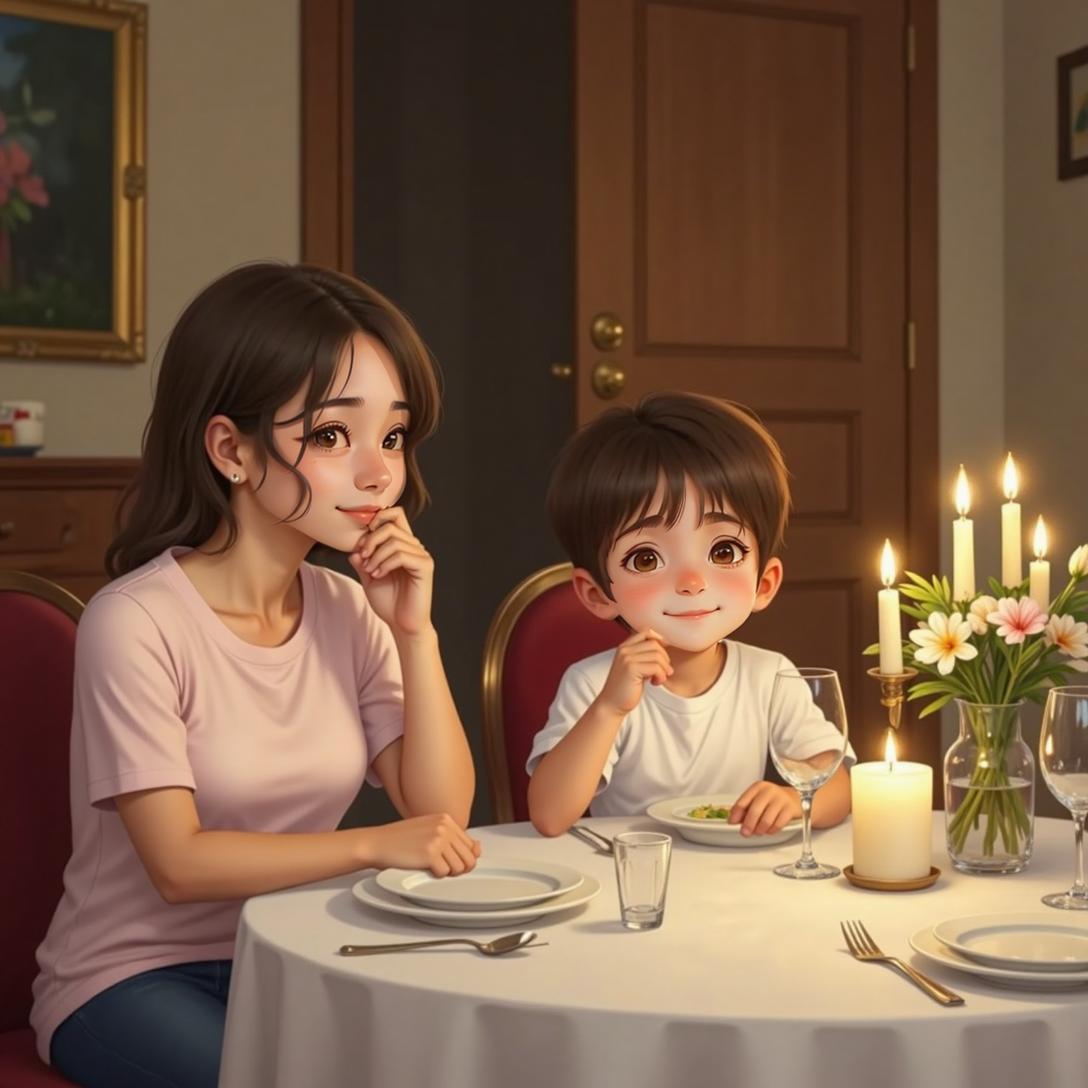 Same family dining room, candles flickering low. Peter sits upright, chewing discreetly with lips closed; Mom nods approvingly beside him, silverware glinting on the tablecloth.