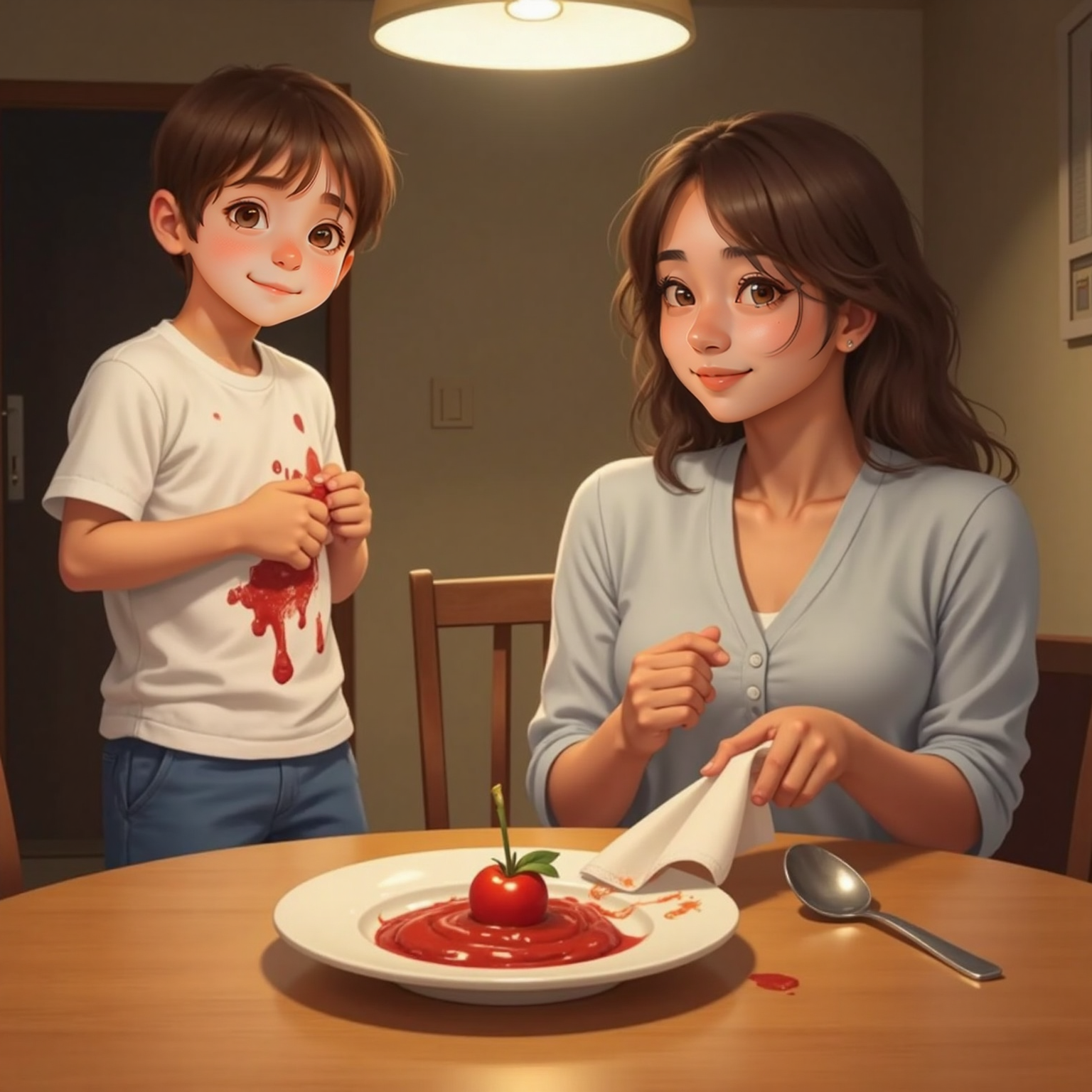 Dining room, after-sauce mess, overhead light warm. Peter holds sticky fingers against his shirt, timid; Mom extends a white napkin toward him, gentle smile, sauce-specked plate and tipped spoon in foreground.