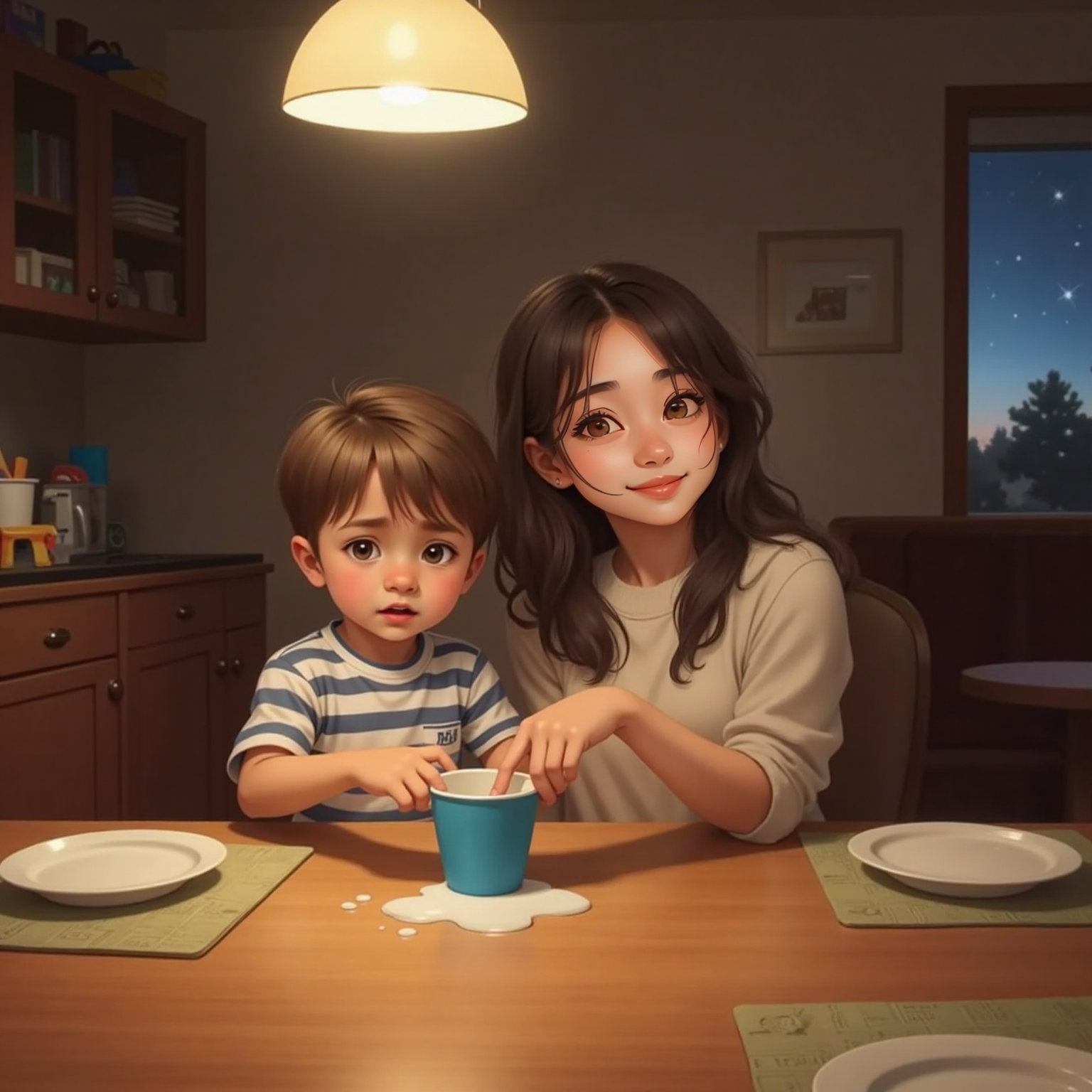 Dining table, evening. A small puddle glistens beside Peter’s cup while he looks worried; Mom steadies the cup in his hands, demonstrating careful tilt, light reflecting inside the glass.