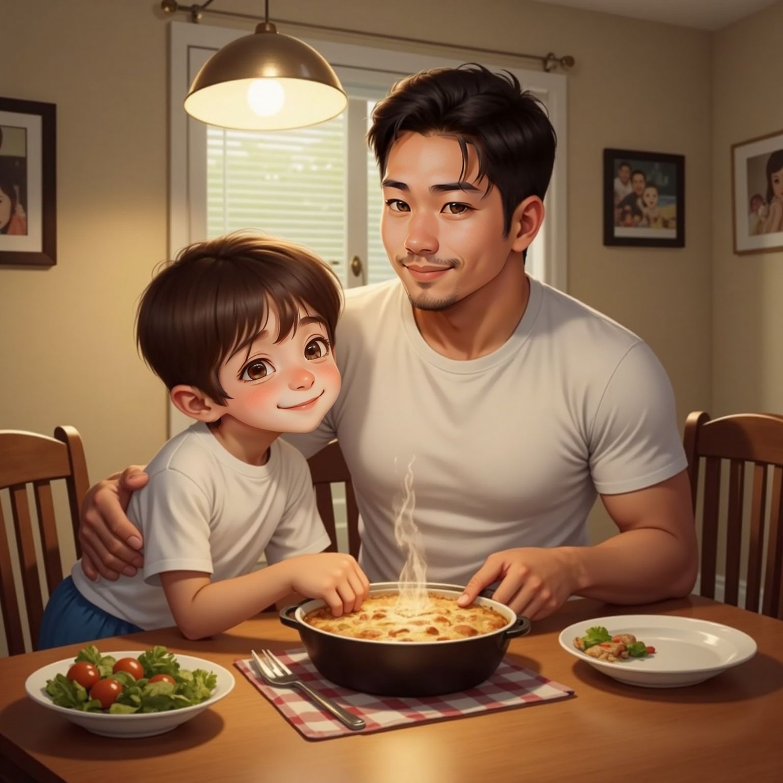Warm-lit dining room. Peter leans forward with elbows planted on the table; Dad gently guides his elbows downward, smiling encouragement, steam curling from nearby casserole.
