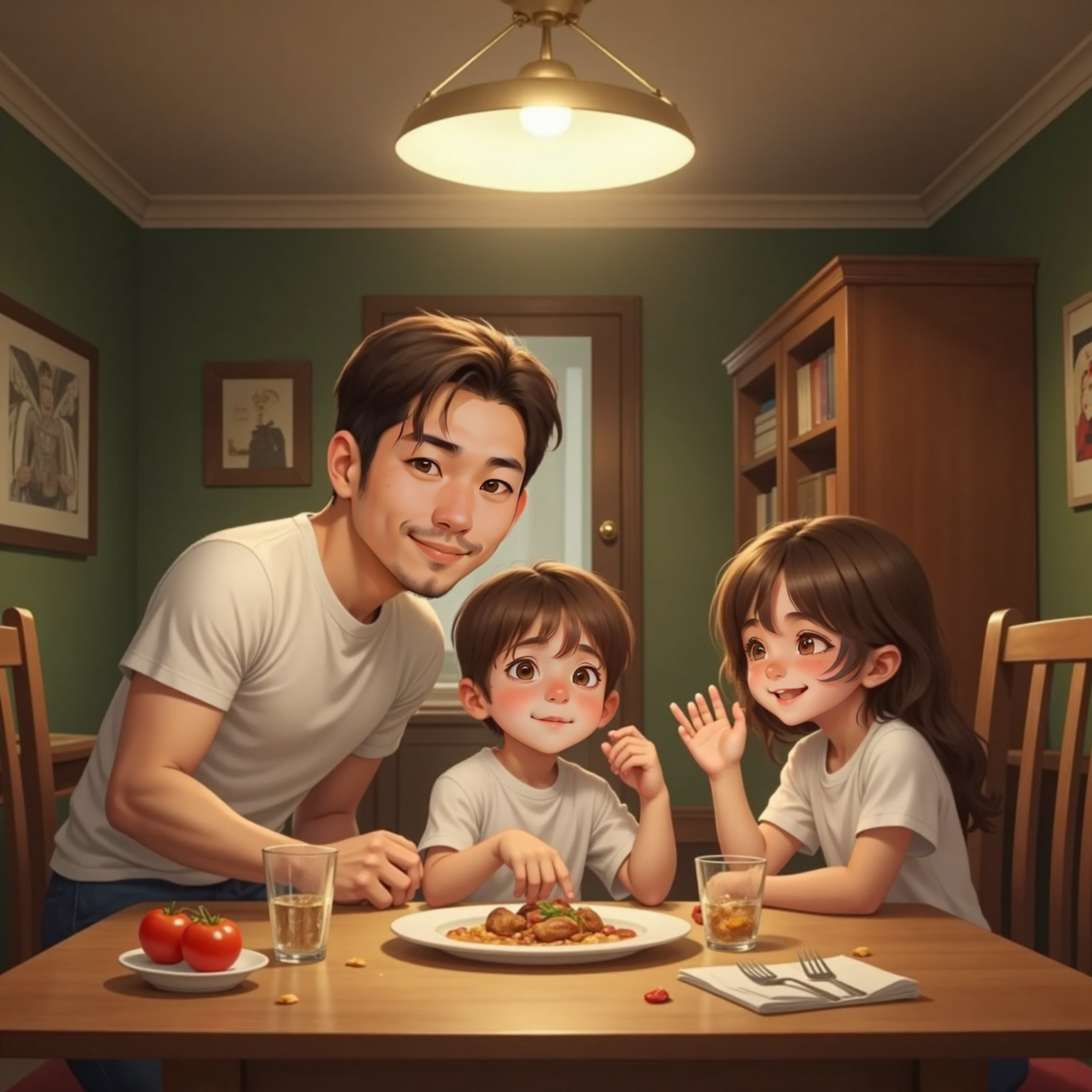 Dining room after meal, plates mostly empty. Peter blushes, hand over mouth mid-burp; Sister laughs behind her hand while Dad chuckles softly under the dimmed chandelier.