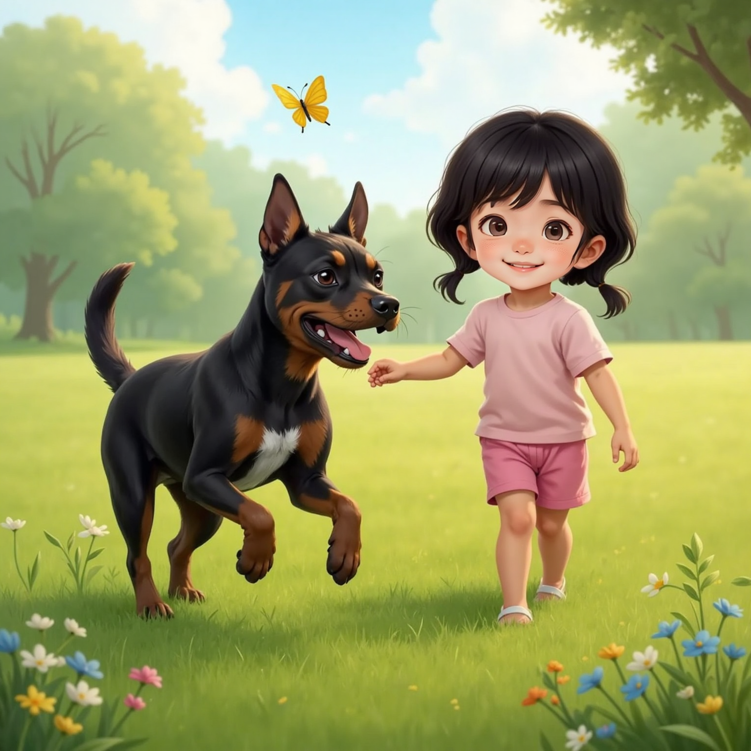 In a sunny meadow with waist-high grass, Harvey bounds after a fluttering butterfly, front paws mid-air and mouth open in playful bark. A few steps behind, Sophia stands grinning, arm outstretched under the bright midday sky.