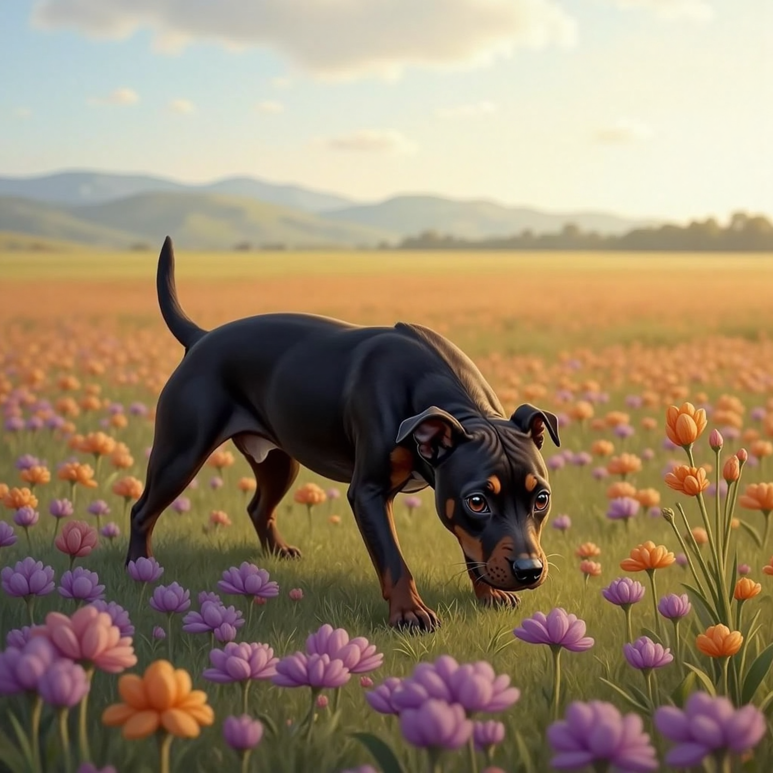 Harvey stands alone in a wide field carpeted with strange purple and orange flowers beneath soft afternoon light. Nose low and tail drooping, he sniffs the air with a puzzled, slightly worried expression.