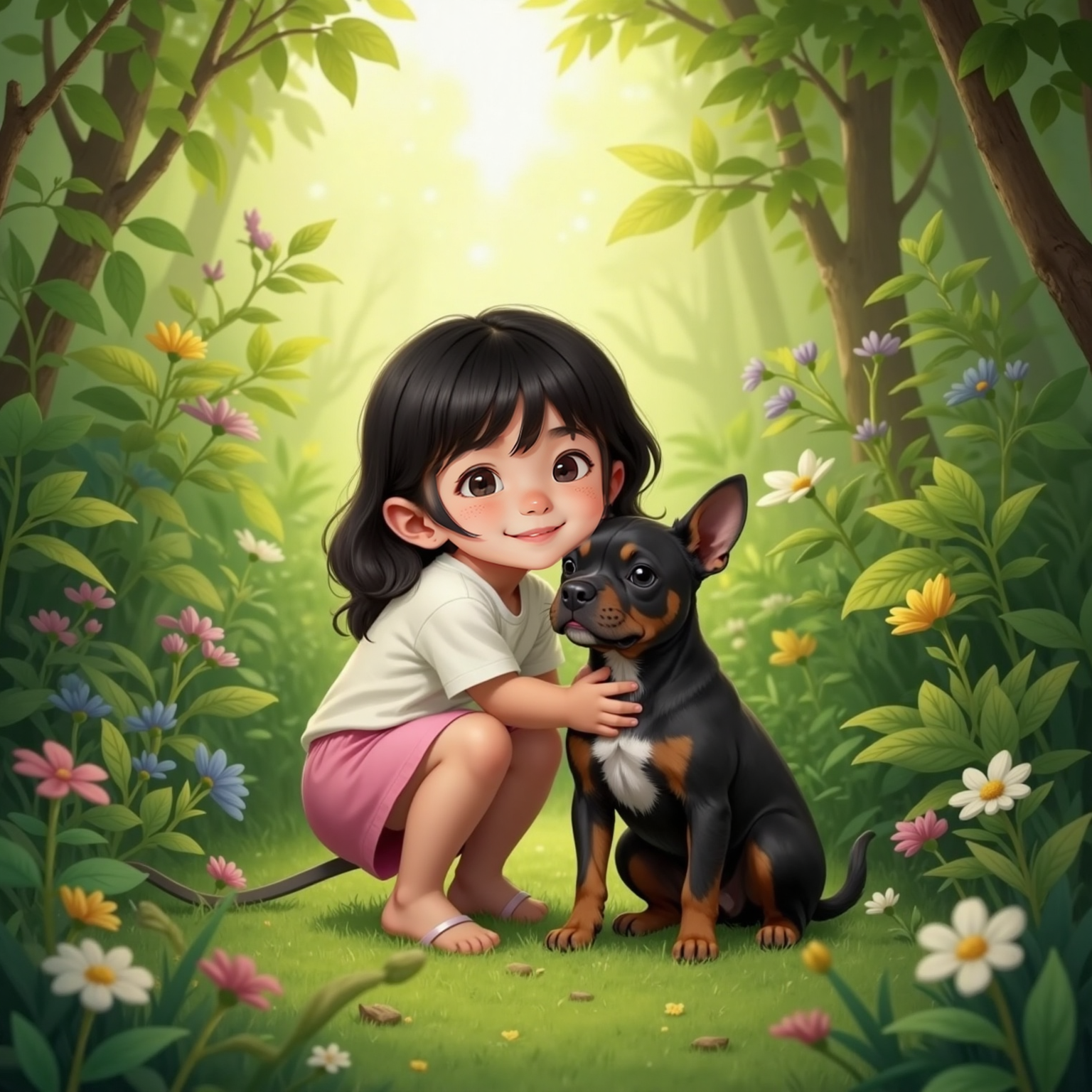 Inside a dense green thicket dappled by late-day sun, Sophia kneels and embraces Harvey, cheek pressed to his fur and eyes closed in relief. Harvey sits calmly, leash in Sophia’s hand, tail wagging beside rustling leaves.