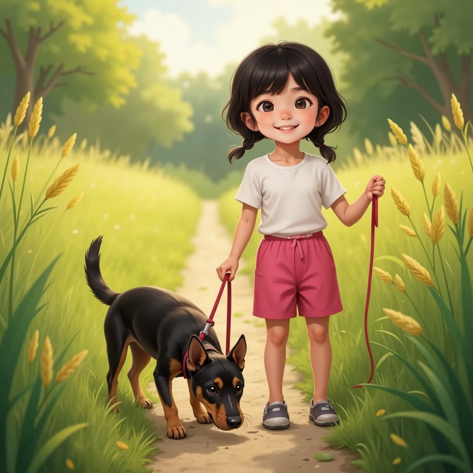 In a breezy clearing where tall grass parts to reveal a narrow dirt path, Harvey stands sniffing the ground, ears perked forward. Sophia, holding his leash, smiles confidently a step behind, sunlight flickering through swaying blades.