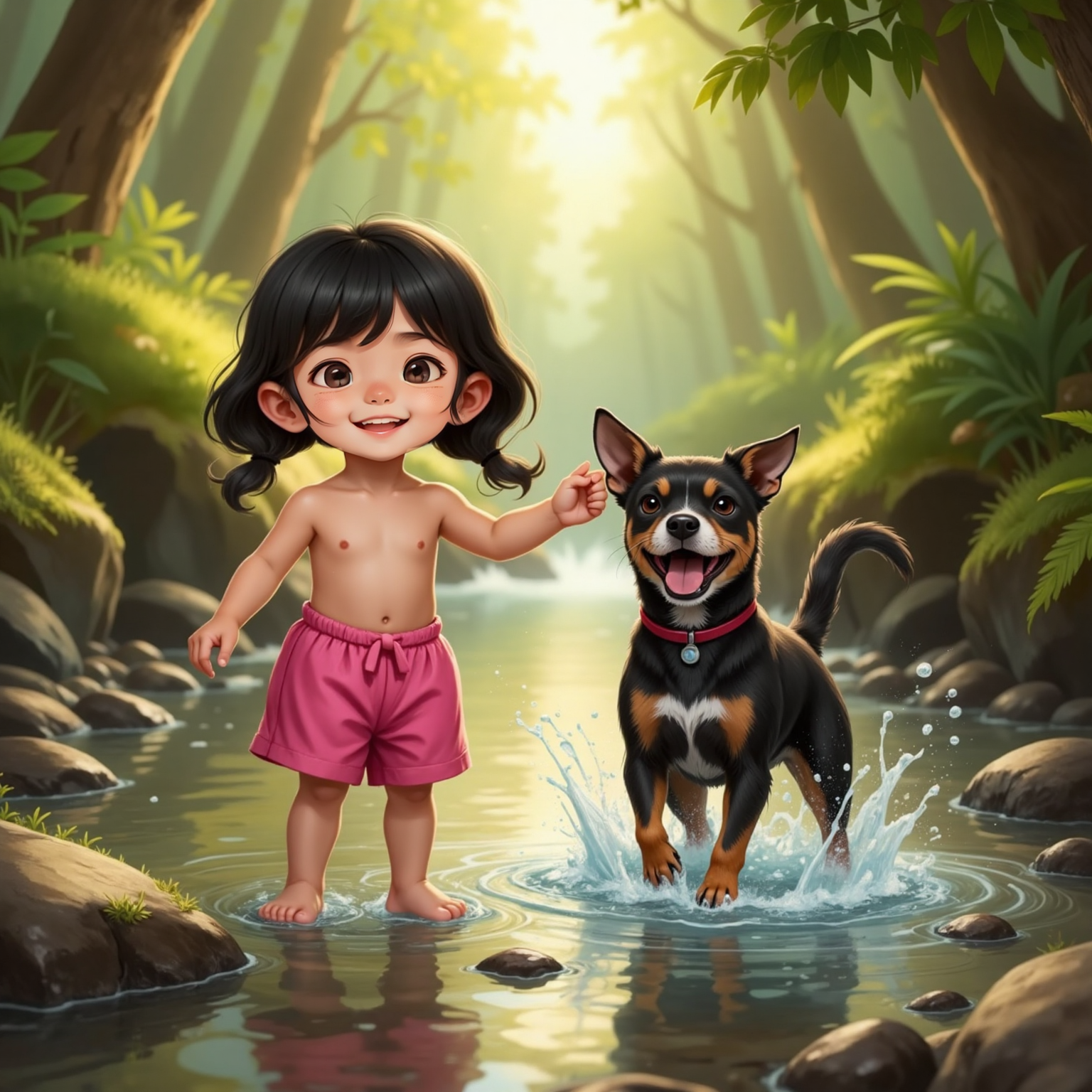At a shallow forest creek glittering in late-afternoon light, Harvey splashes mid-step, droplets arcing around his joyful face. Beside the bank, Sophia laughs, wiping water from her ear with one hand while pointing downstream.