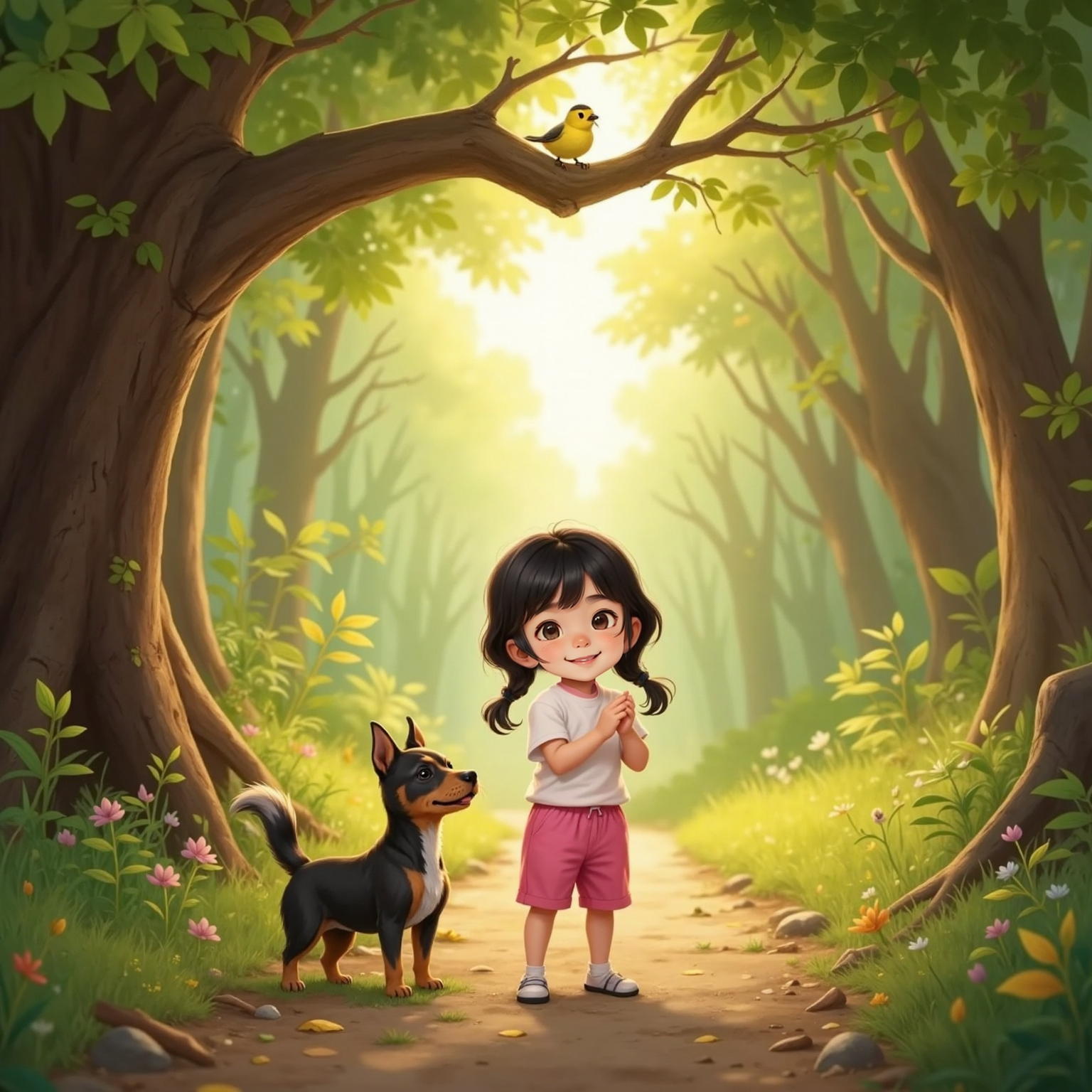 Along a sun-drenched woodland trail, a small yellow bird perches on an overhanging branch, wings poised to dart ahead. Sophia stands clapping happily while Harvey, beside her, gazes up alertly, tail wagging against the dusty path.