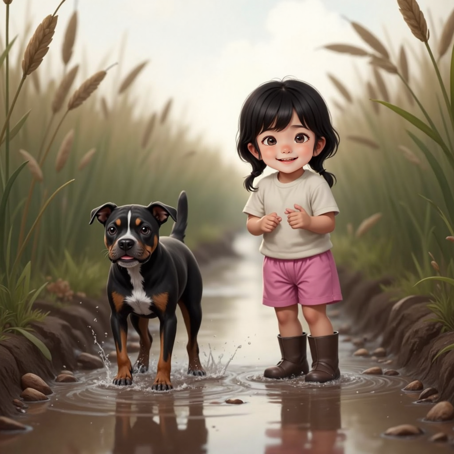 On a cloudy, puddle-speckled path through reeds, Harvey shakes mud from his speckled coat, droplets frozen mid-air. Nearby, Sophia sinks her boots into thick brown muck, giggling with squinted eyes and flushed cheeks.