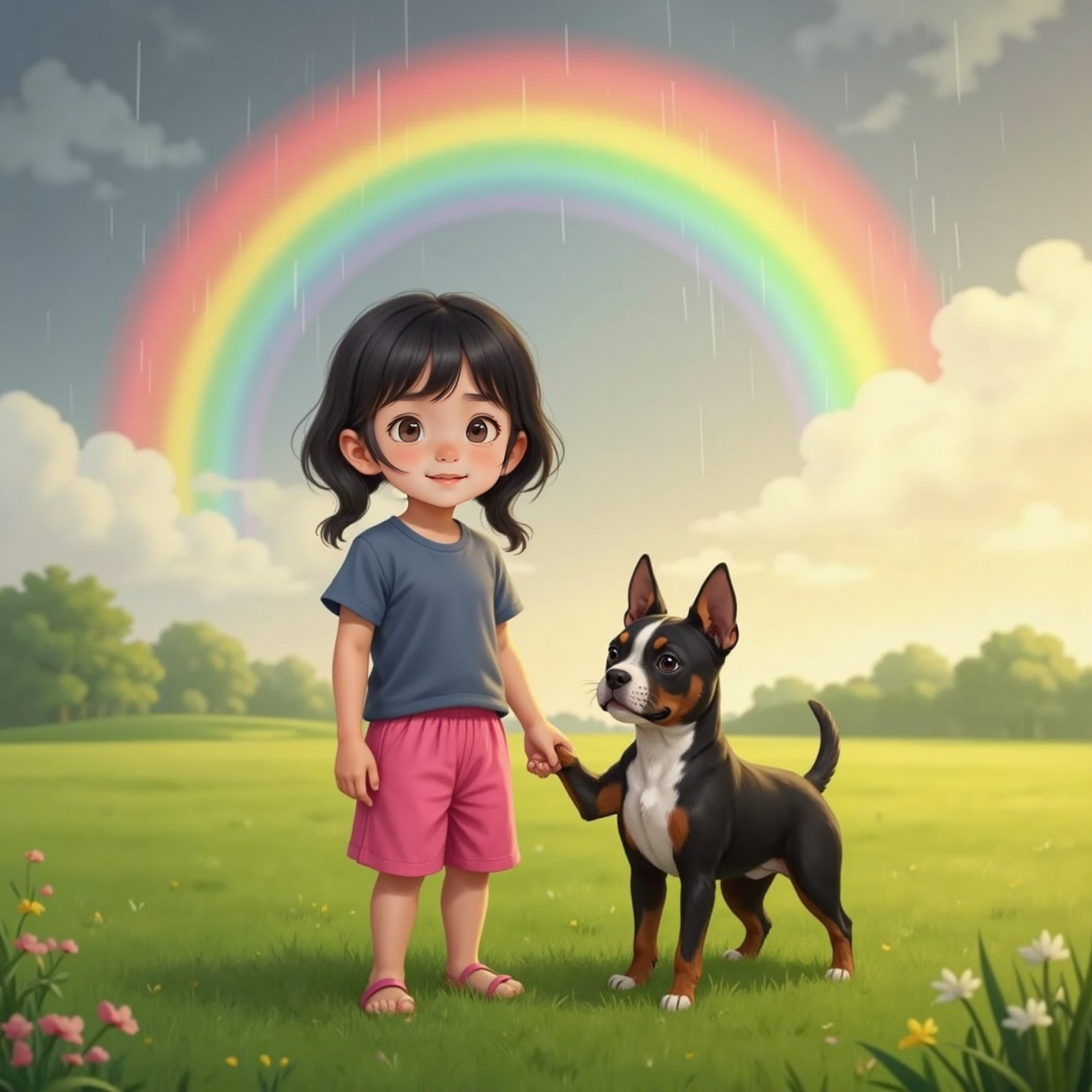 In an open meadow shimmering from gentle rain, a vivid rainbow arches across the clearing against a pale evening sky. Sophia and Harvey stand hand-in-paw at its base, faces lifted in wide-eyed wonder, rain droplets glistening.