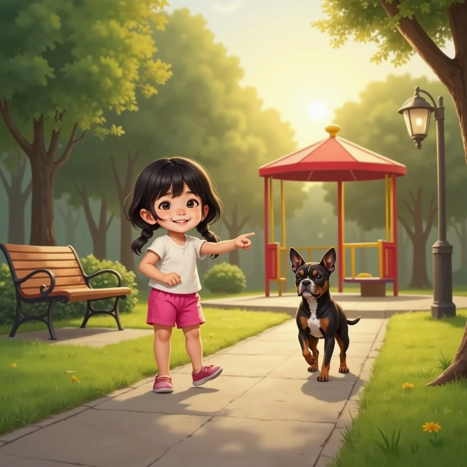 Beside a tidy park path where grass meets fresh pavement, Sophia points toward her familiar swing set under warm sunset light. Harvey trots ahead, tail wagging, with a wooden bench and lamppost framing the background.