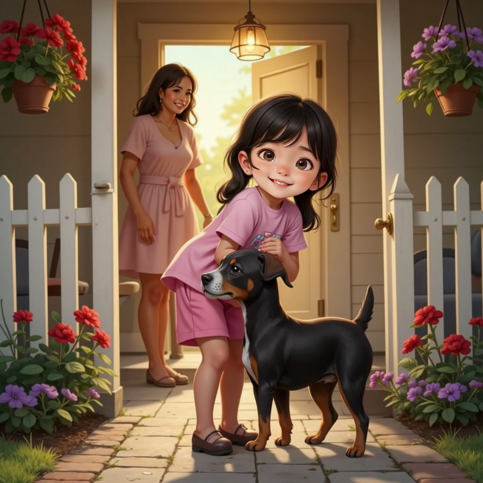 At the open garden gate glowing in golden dusk, Sophia hugs Harvey tightly on the stone walkway. A few steps beyond, Sophia’s mother waves from the porch, smile broad beneath the porch light and blooming flowers.