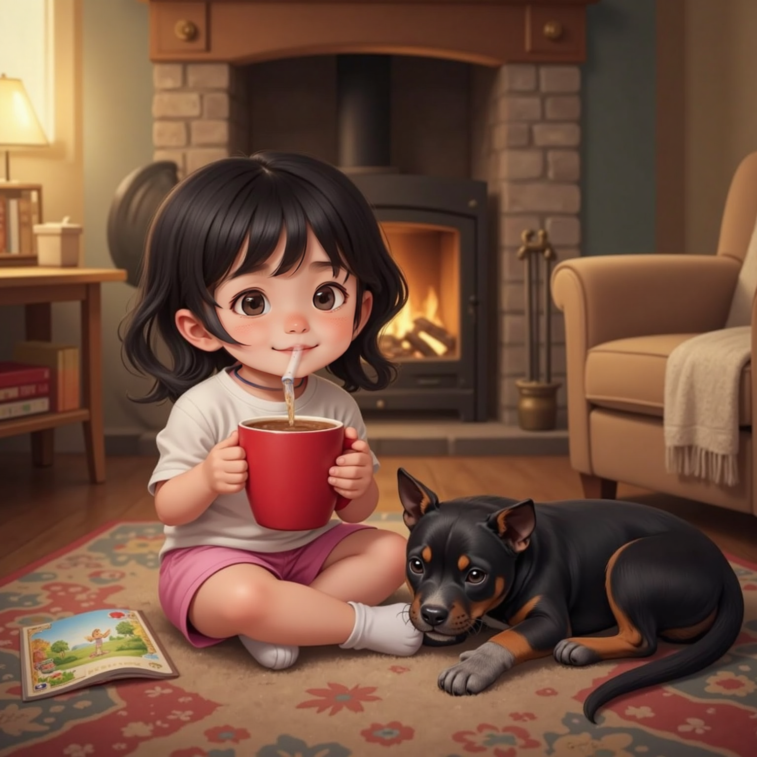 Inside the cozy living room lit by flickering fireplace glow, Sophia sits cross-legged on a rug, sipping cocoa from a red mug. Harvey snoozes curled beside her socks, nose tucked gently under his greying paw.