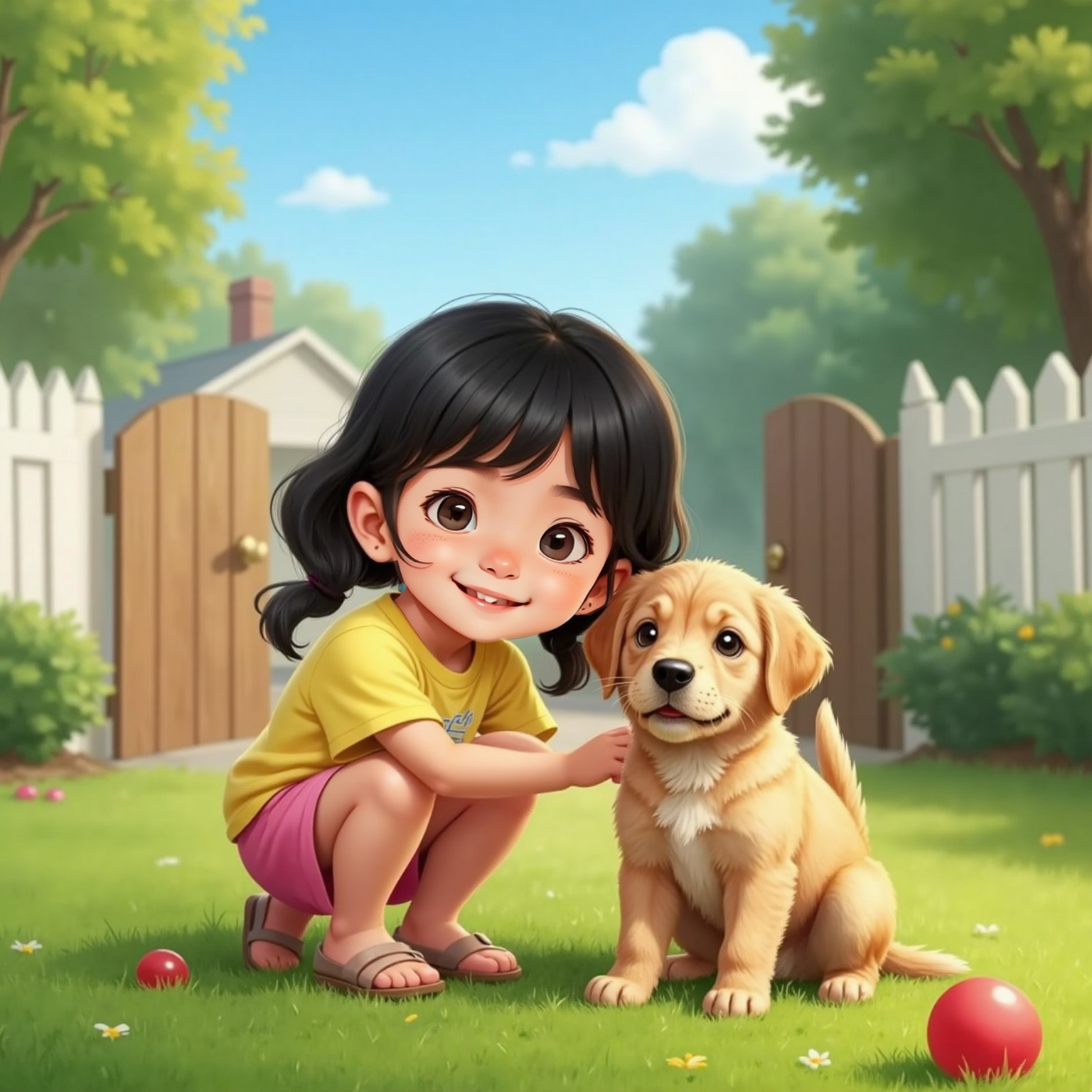 In the sunny front yard scented with morning dew, Sophia kneels and presses her forehead to Harvey’s, both smiling with bright, eager eyes. Behind them, the open gate and clear blue sky hint at new adventures.