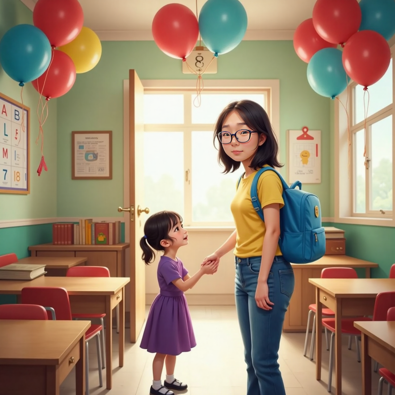 In a brightly lit classroom filled with colorful balloons, Юля pauses at the doorway clutching her backpack as a shy girl with pigtails smiles and reaches out a reassuring hand. Morning light pours through tall windows.