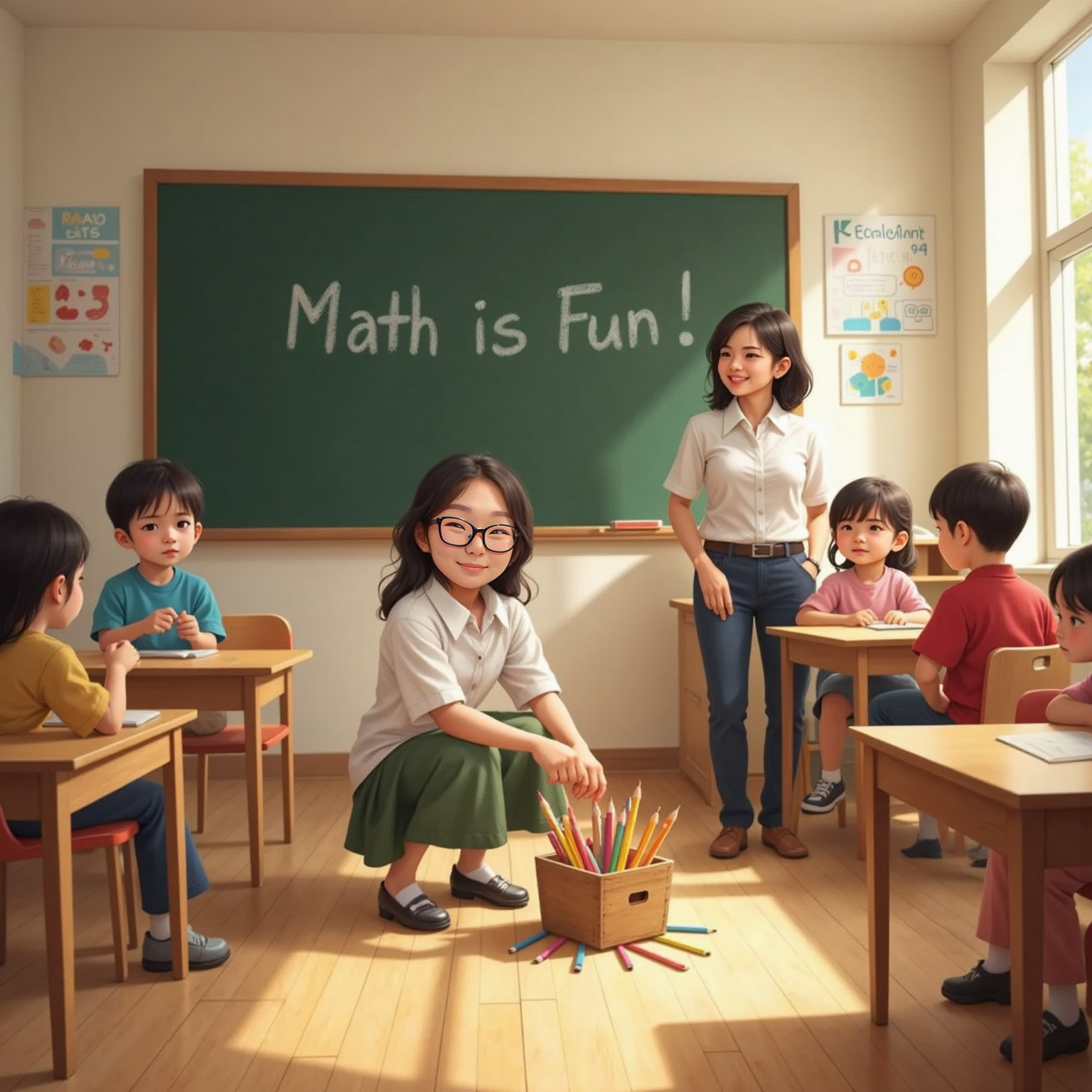 During a sunny morning math lesson, Юля kneels on the classroom floor gathering scattered pencils while a cheerful teacher with round glasses chuckles beside a blackboard. Children at nearby desks stack pencils into a small tower.