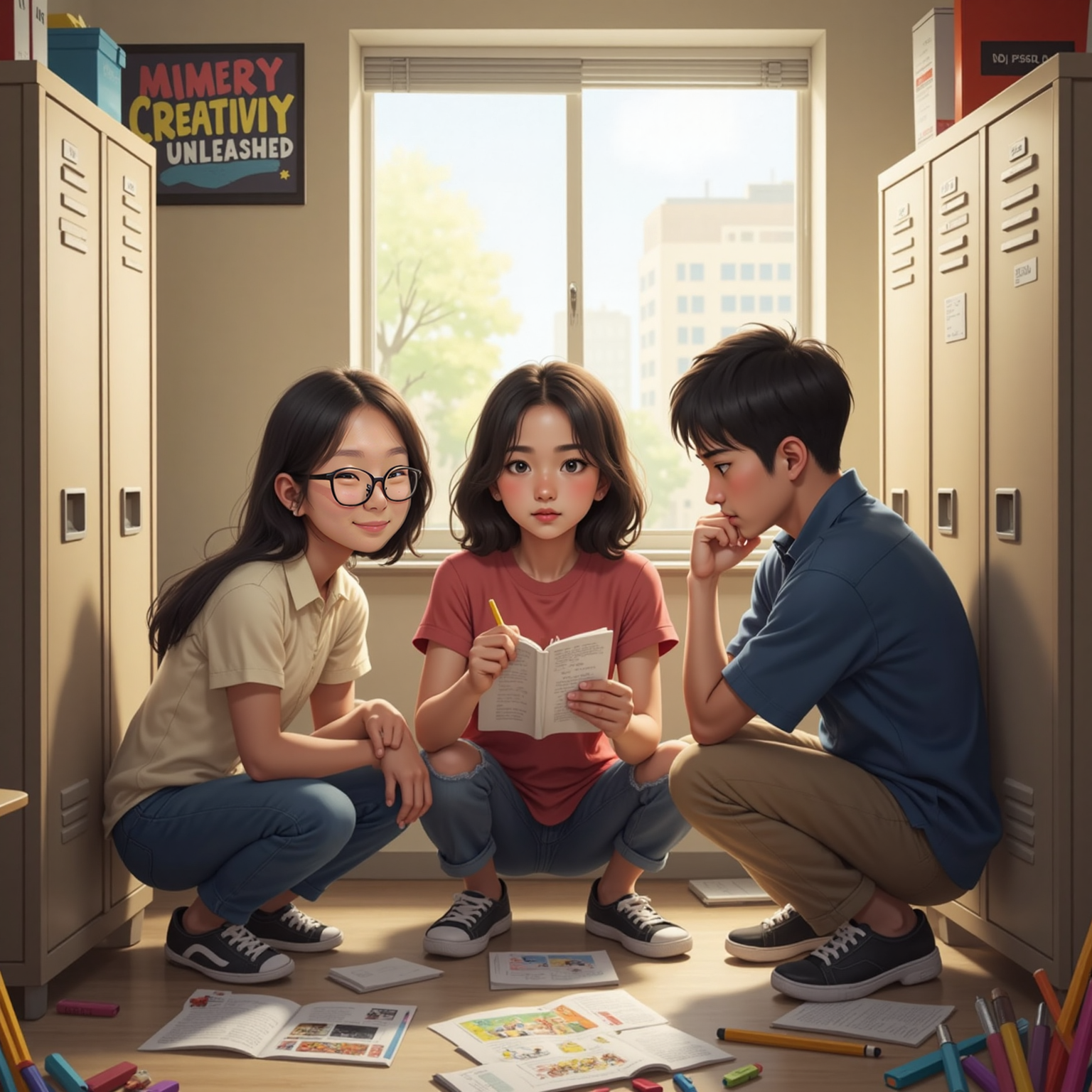 In a quiet corner behind tall storage cabinets, afternoon light slants across Юля and two friends crouched over paper, shielding half-finished comics with their palms. A kindly teacher with rolled-up sleeves leans in, winking conspiratorially.