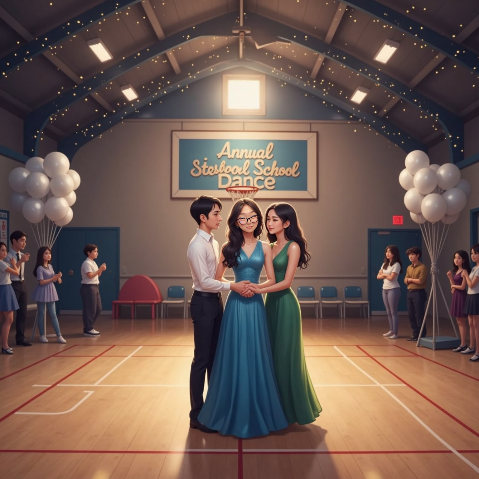 Inside the softly lit school gym decorated with twinkling lights and silver balloons, Юля in an elegant dress embraces two smiling classmates near the dance floor. Evening shadows mingle with colorful spotlights across the glossy wood.