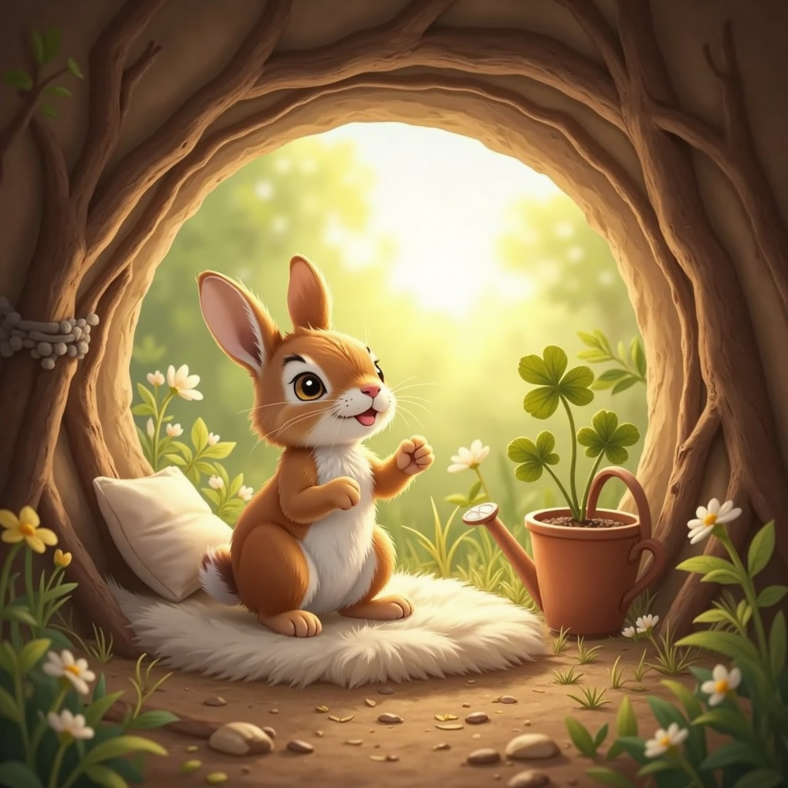 Inside a small burrow bedroom at sunrise, golden light streams through a round window onto a straw bed. Baby bunny sits up stretching long ears and smiling brightly.