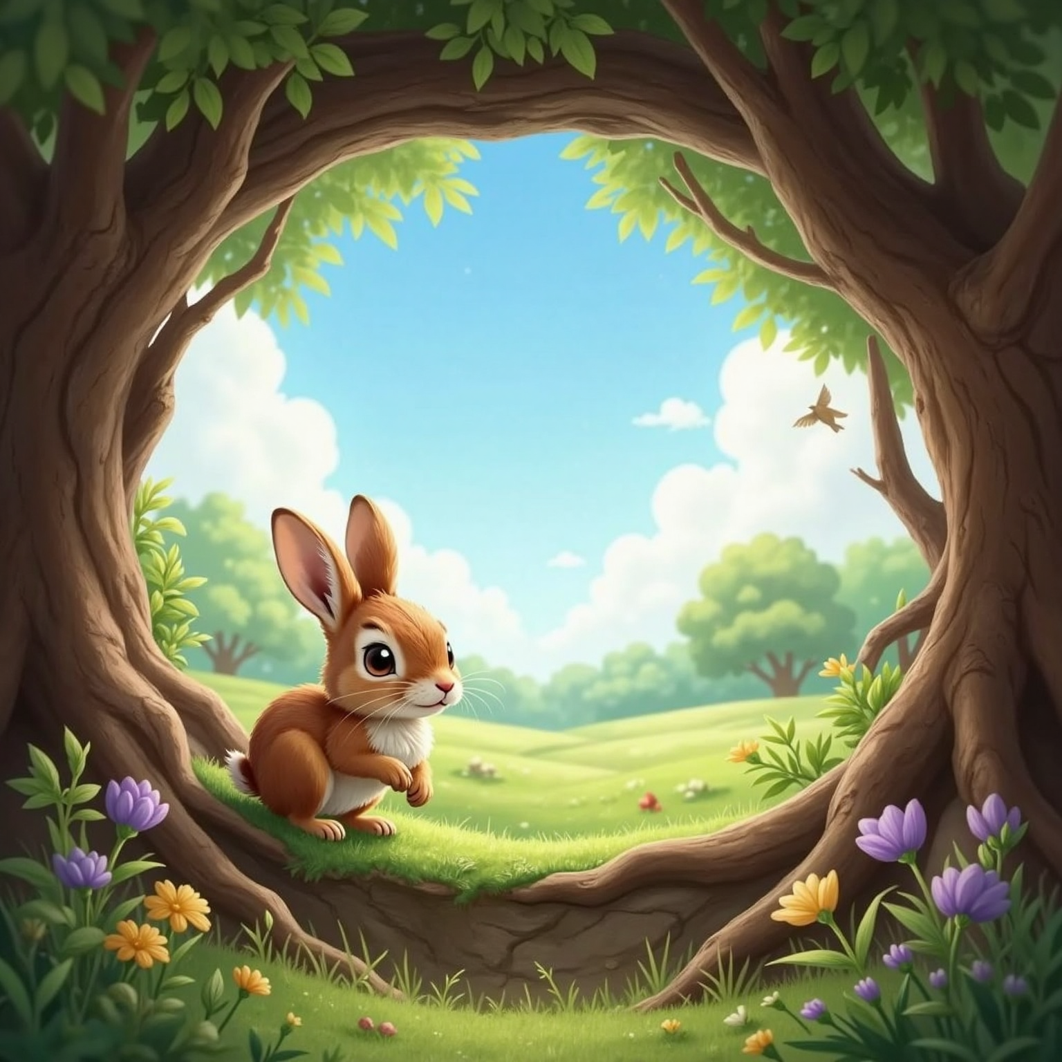 At the burrow's open window on a clear morning, blue sky fills the view while distant songbirds flutter past bright leaves. Baby bunny leans on the sill, nose wiggling and eyes wide.