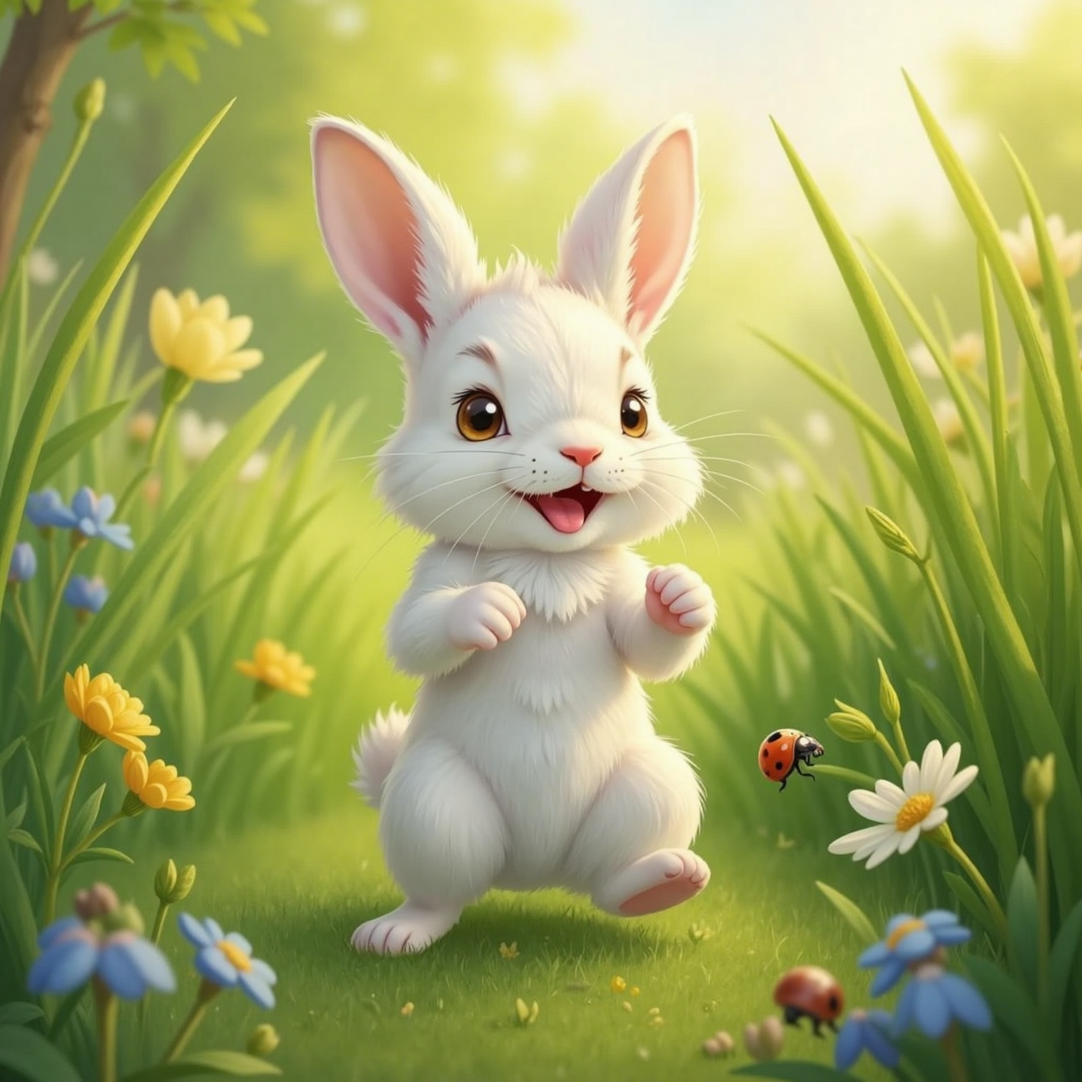 Outdoors in midday sunlight, velvety green grass stretches beneath swaying stems. Baby bunny lands mid-hop, toes splayed and mouth giggling as blades bend under tiny paws.