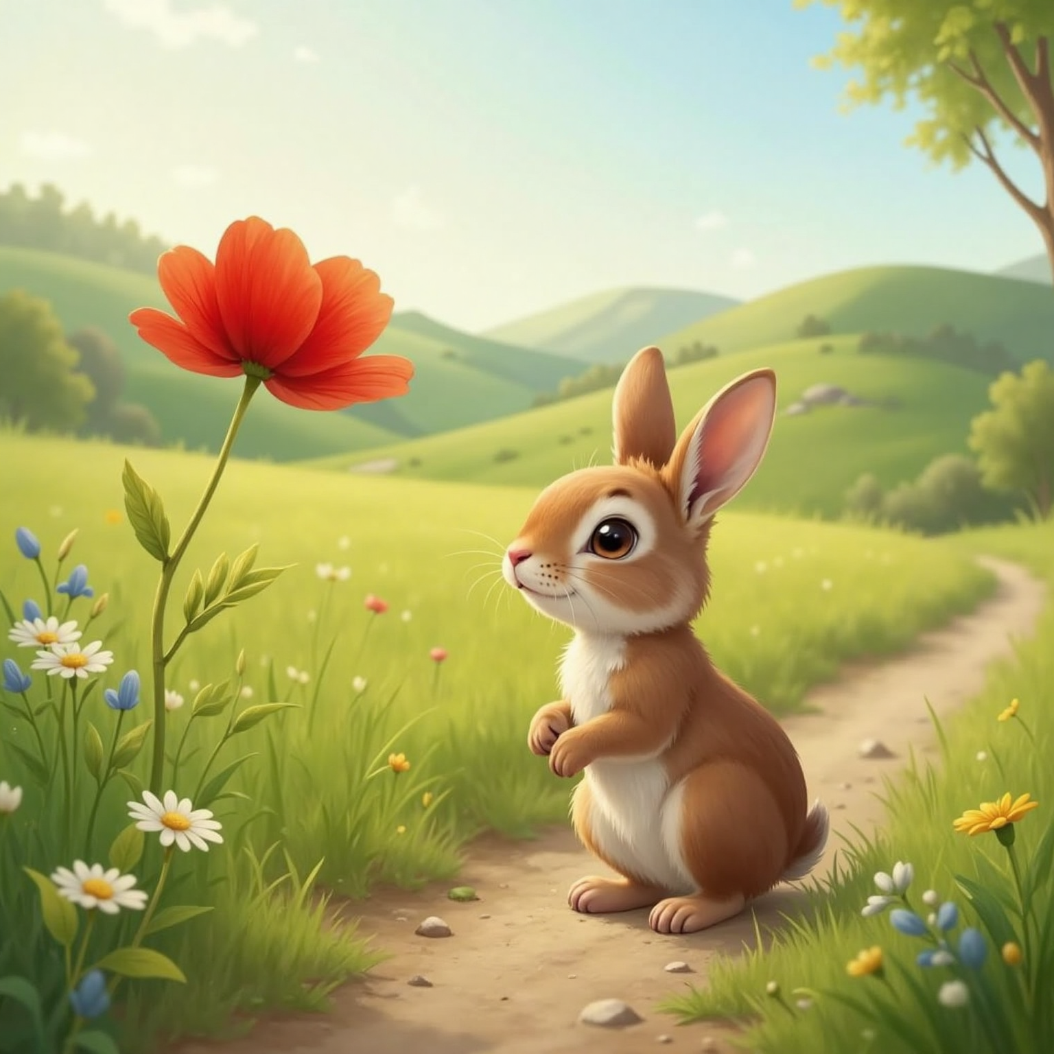 Beside a sunlit meadow path, a single tall red flower tilts gently in the breeze. Baby bunny kneels to sniff it, nose twitching and eyes half-closed in delight.