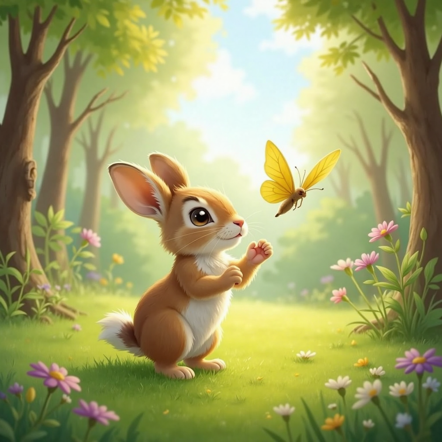In a breezy afternoon clearing, a yellow butterfly hovers glowing against the bright sky. Baby bunny stands on hind legs, ears perked and tiny paw lifted in greeting.