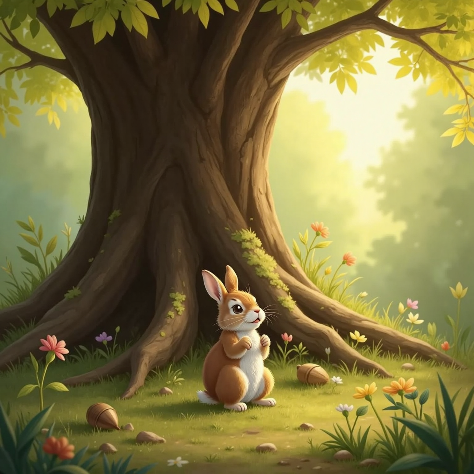 Late afternoon light filters through a towering oak, casting warm dappled patterns on the forest floor. Baby bunny sits at the massive trunk, head tilted back and mouth slightly open as leaves dance overhead.