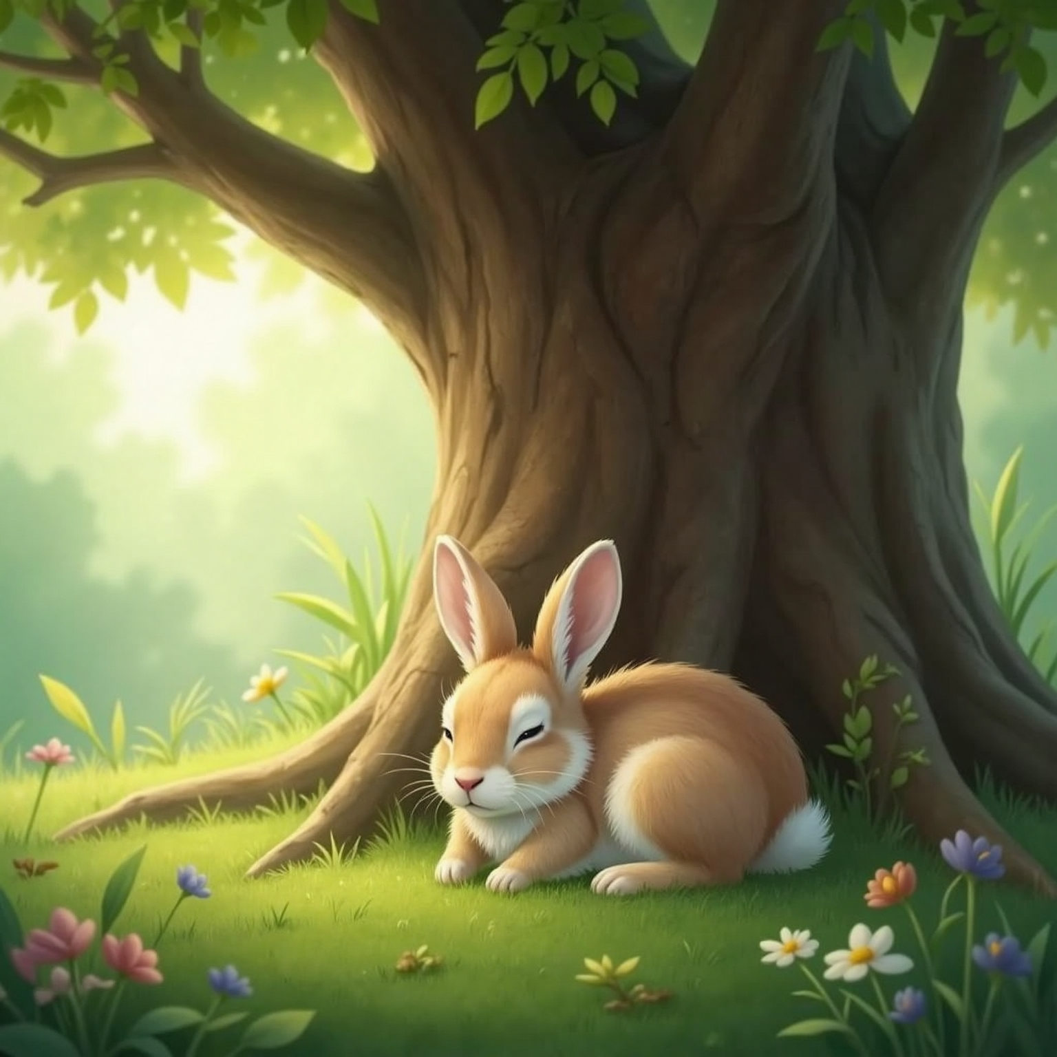 Beneath the oak’s cool shade, soft moss forms a gentle carpet illuminated by mint-hued light. Baby bunny lies curled, paws tucked under chin and eyes half-closed while leaves whisper above.