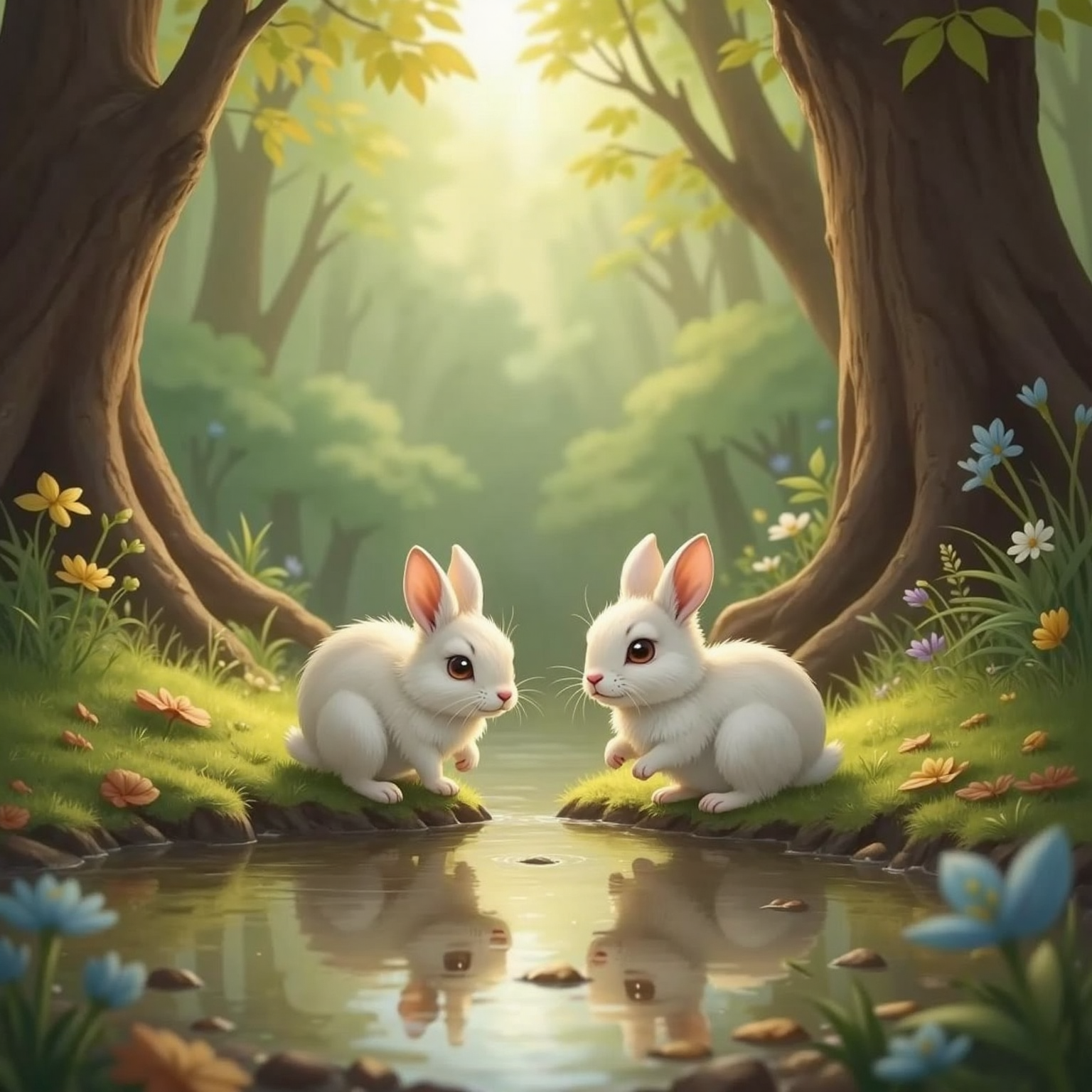 Sunlight flickers across a quiet forest puddle, turning its surface into a gleaming mirror. Baby bunny crouches at the edge, ears angled forward and cheeks lifted in surprise at the reflection.