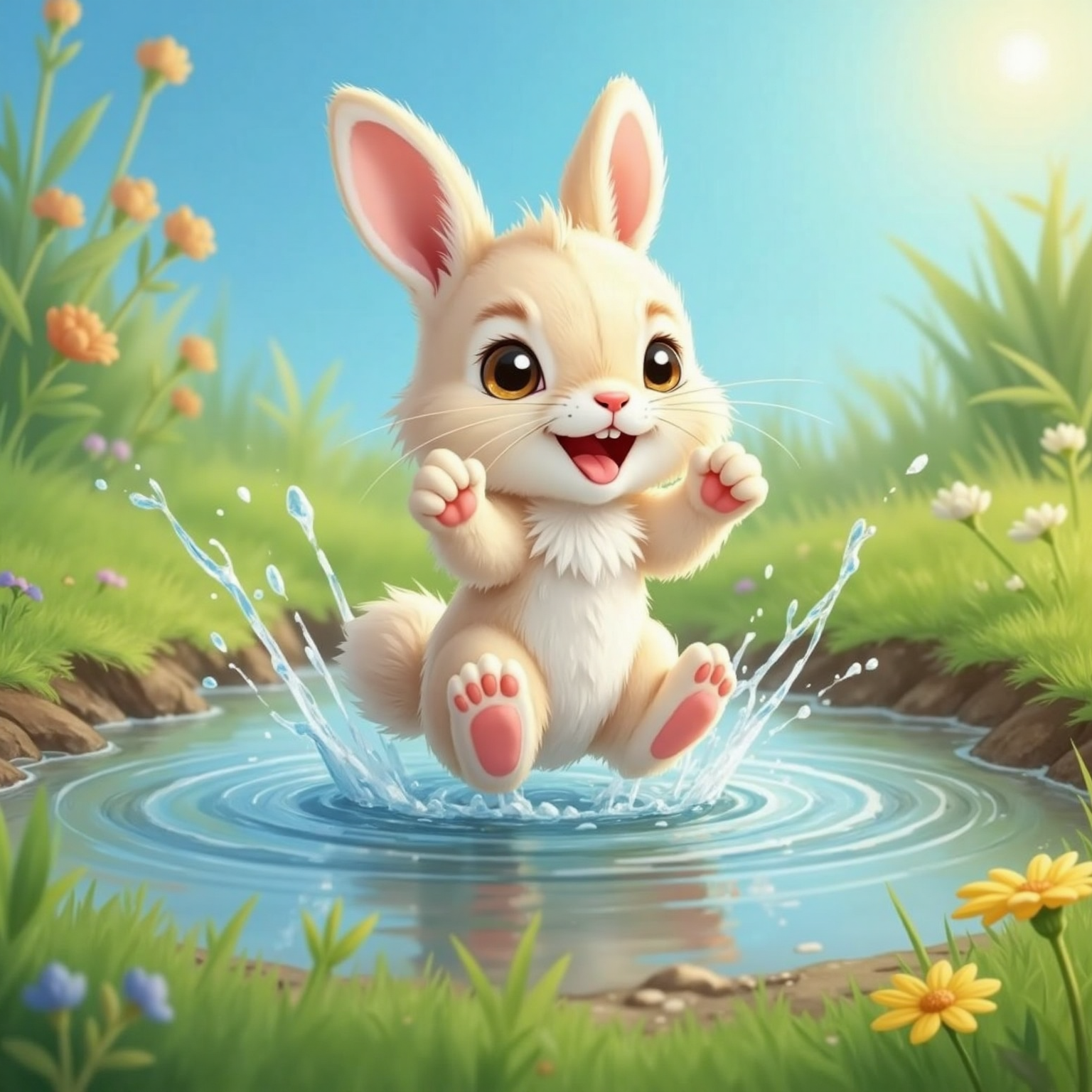 Under bright afternoon light, ripples spread across the puddle’s surface. Baby bunny lands with all four paws, water exploding upward into sparkling droplets around a delighted open-mouthed grin.