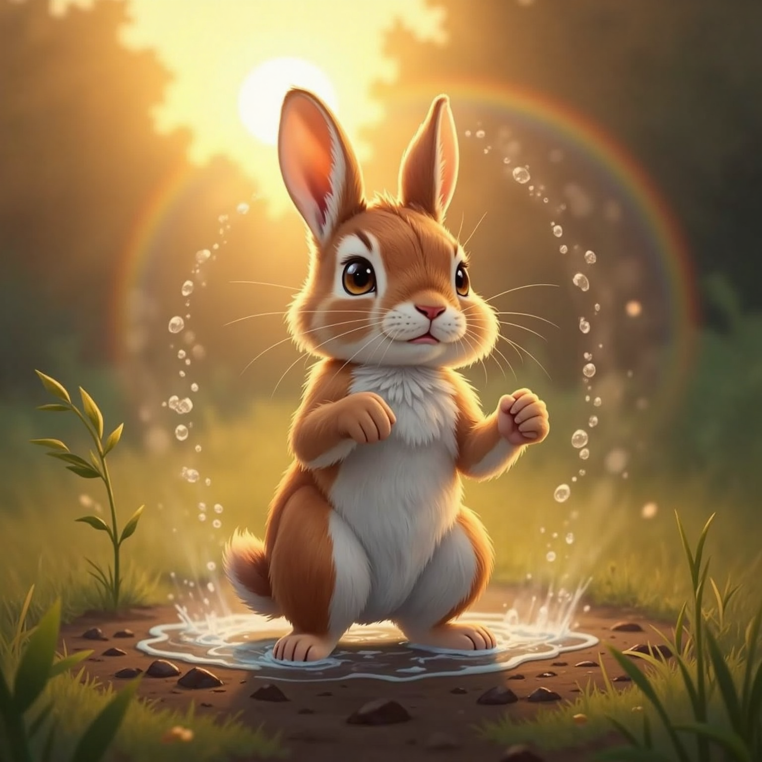 On a sun-warmed patch of dirt in golden evening light, suspended droplets glisten in the air. Baby bunny stands upright, eyes squeezed shut and fur puffed as arcs of water fly away from the shake.