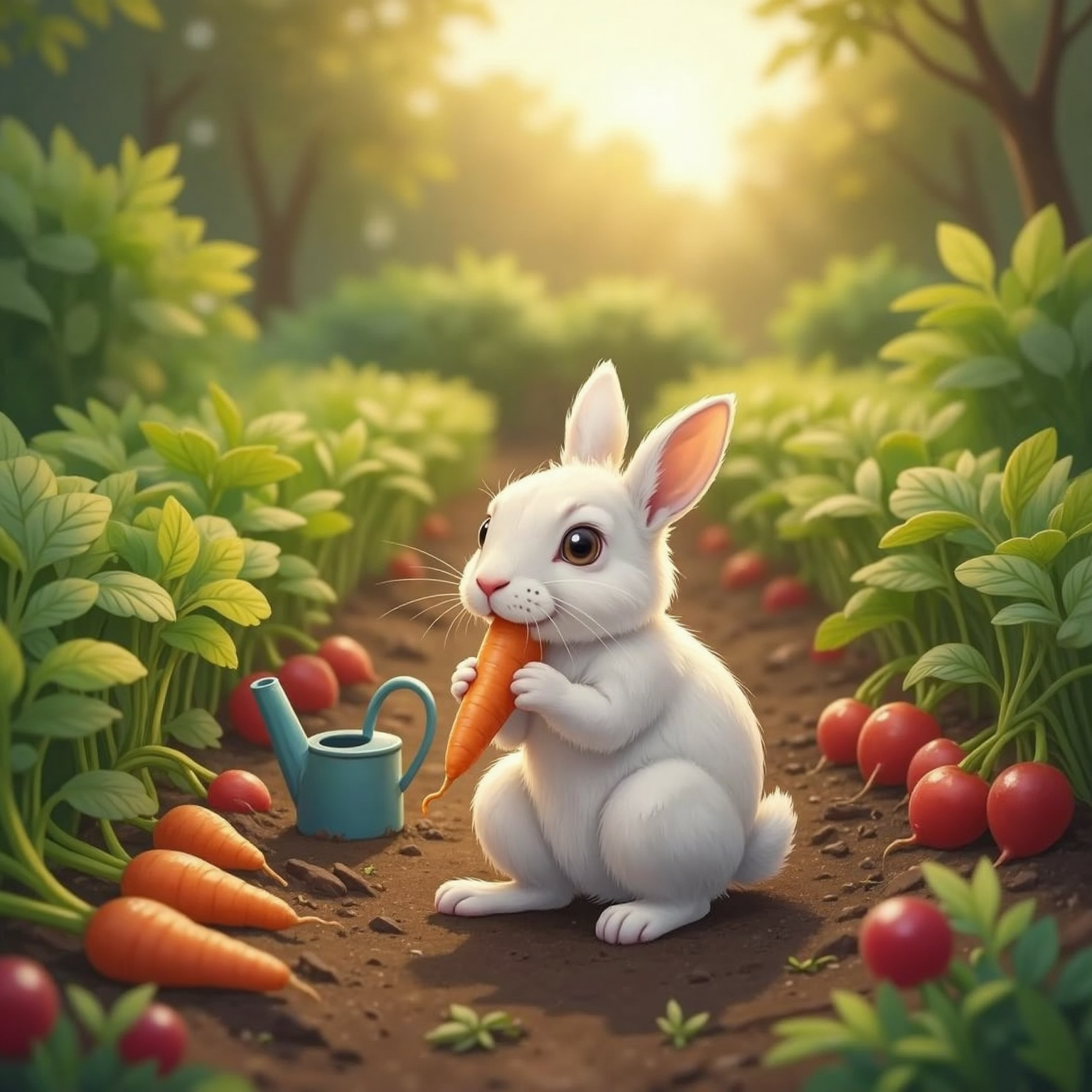 Late-day sunlight bathes a garden row lined with leafy tops. Baby bunny sits cross-legged, nibbling a bright orange carrot while sweet juice drips down chin onto soft chest fur.