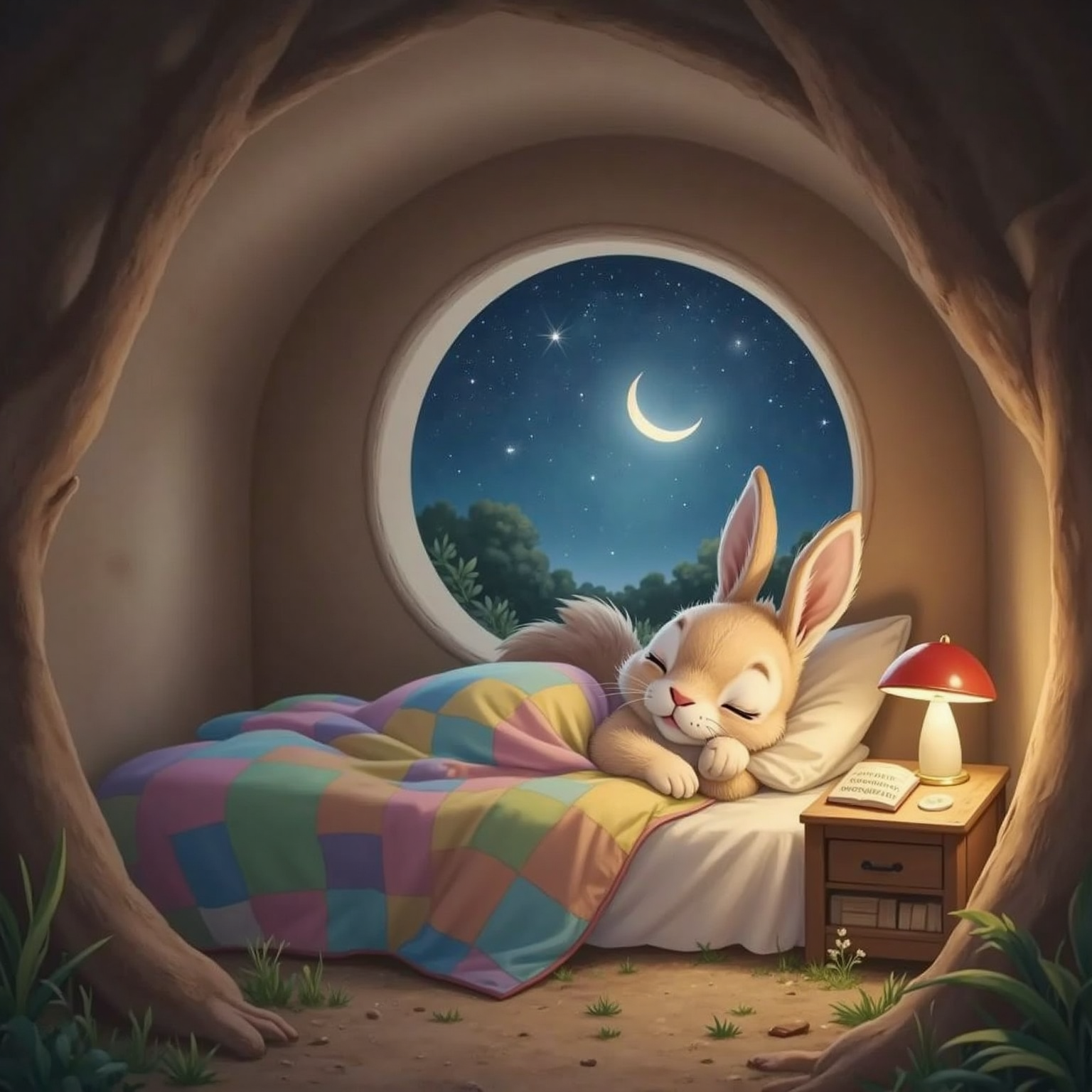 Inside the dim burrow bedroom at moonlit night, silver starlight filters through the round window behind the bed. Baby bunny nestles under a patchwork blanket, eyes closed and a peaceful smile on their face.